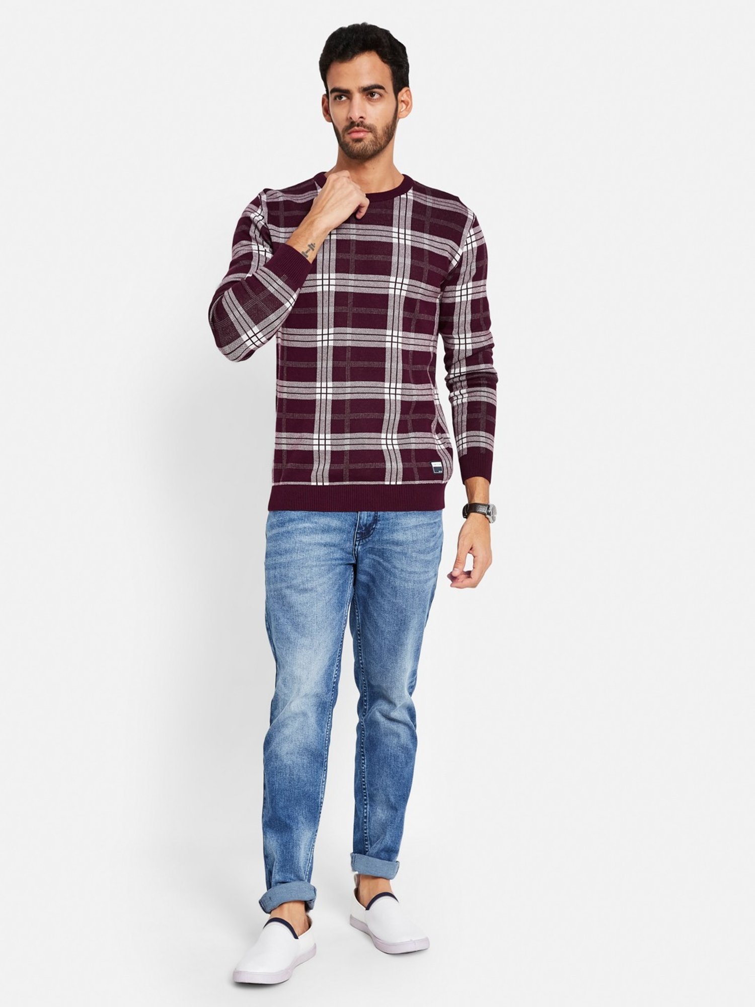 METTLE Maroon Cotton Regular Fit Checks Sweater