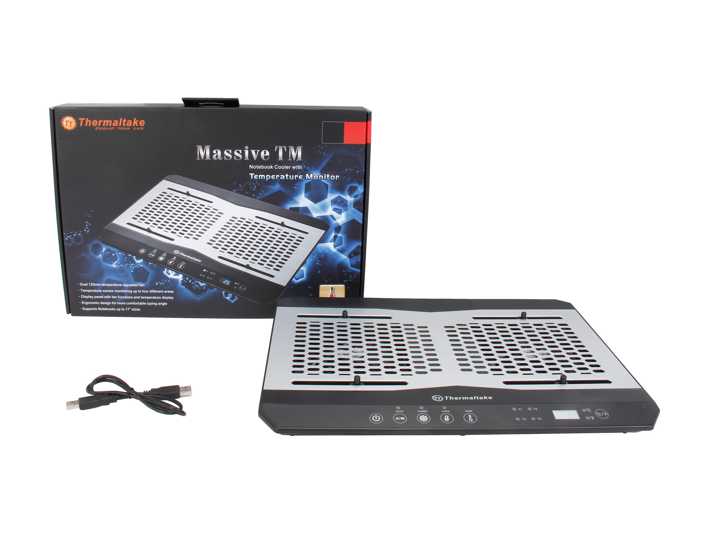 Thermaltake Massive TM 17" Laptop Cooling Pad with Dual 120mm Fans and Temperature Sensors CL-N002-PL12BL-A