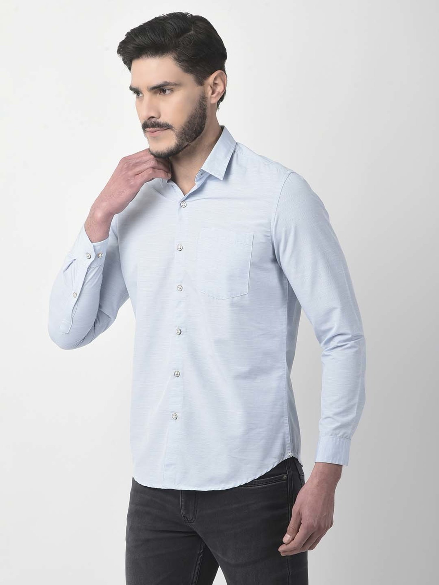 NUMERO UNO Light Blue Slim Fit Striped Shirt