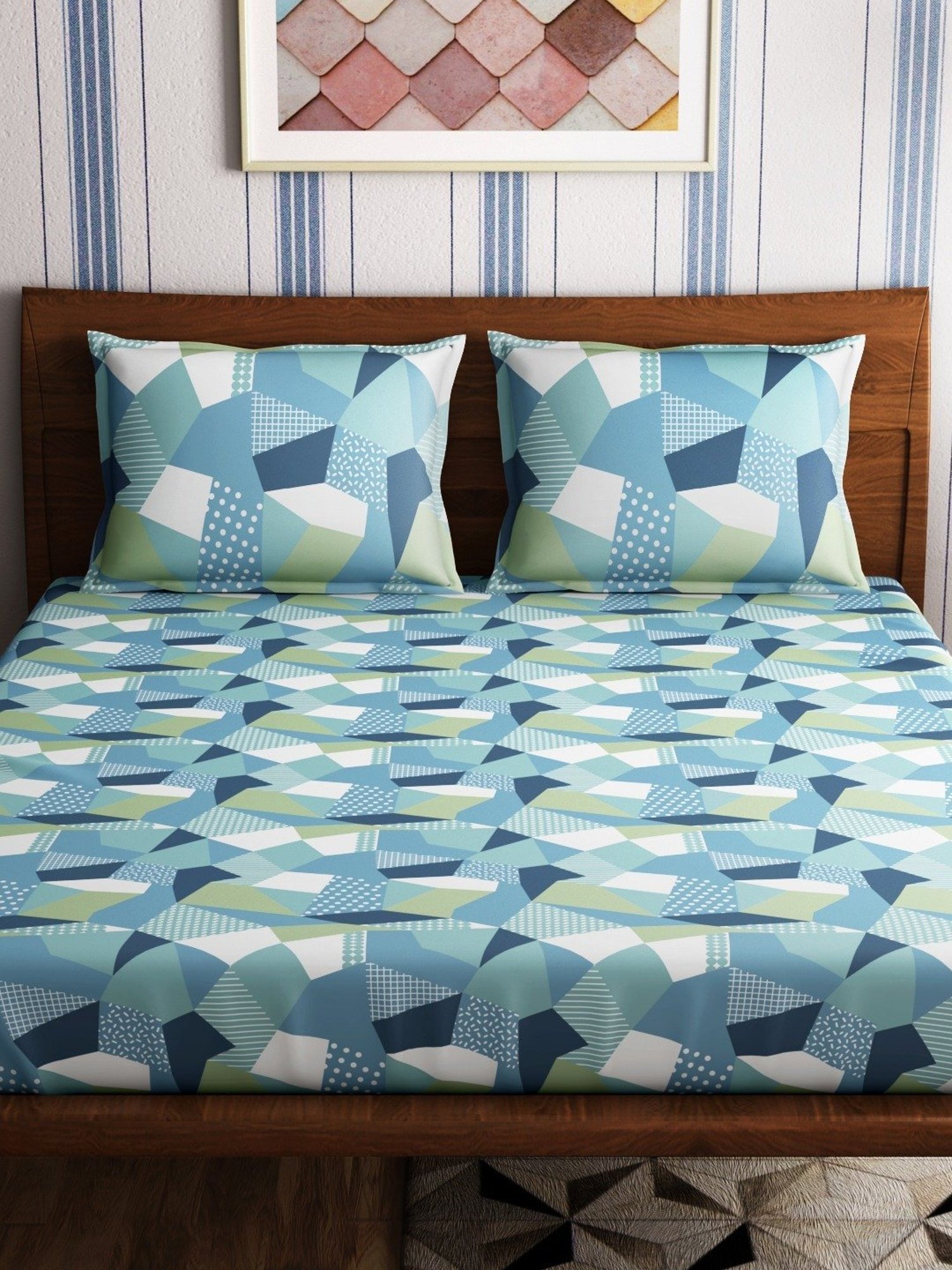 Petal Home Origami Abstract Multicolor 300 TC Cotton Queen Bed Sheet with 2 Pillow Covers