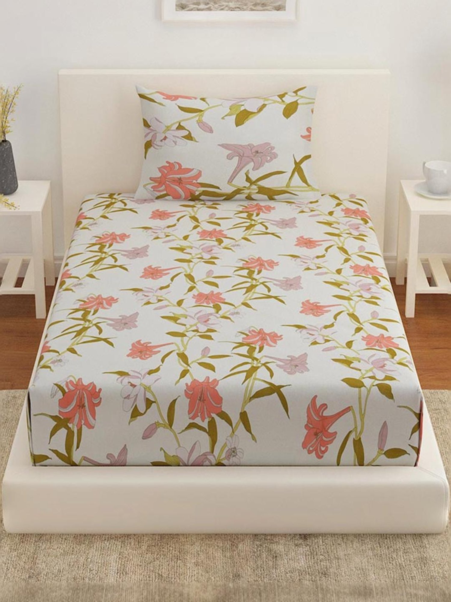 @Home Arias Multicolor 225 TC Cotton Satin Single Bedsheet with 1 Pillow Cover