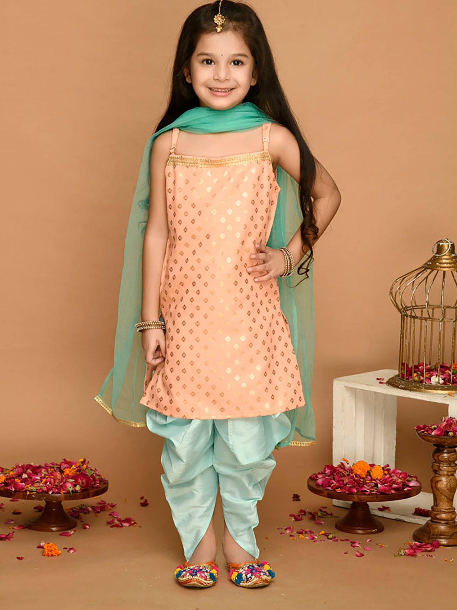 Saka Designs Kids Peach & Light Green Printed Kurta with Dhoti & Dupatta
