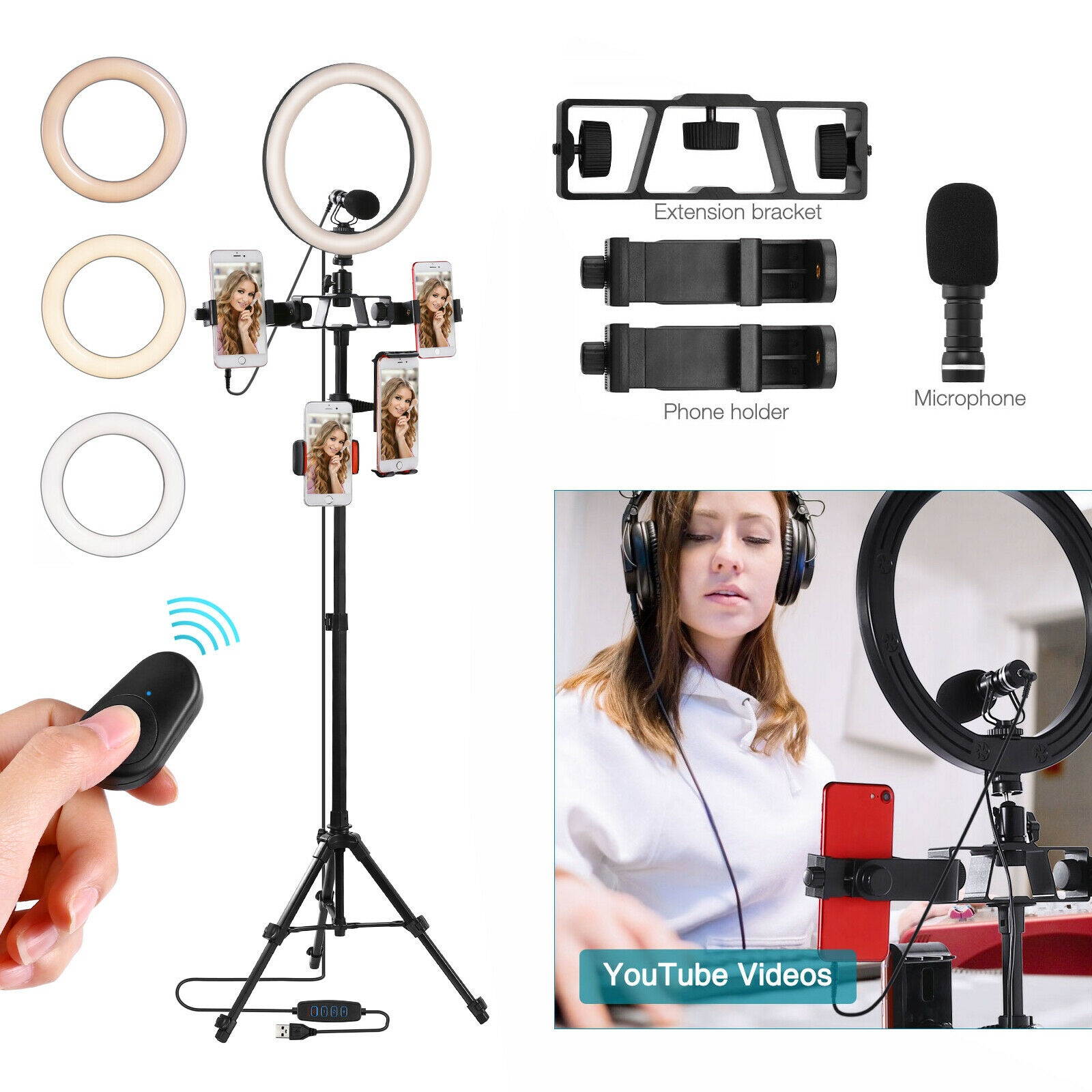 10" LED Ring Light w/Selfie Stick  Tripod Stand  Microphone Kit for Video Live