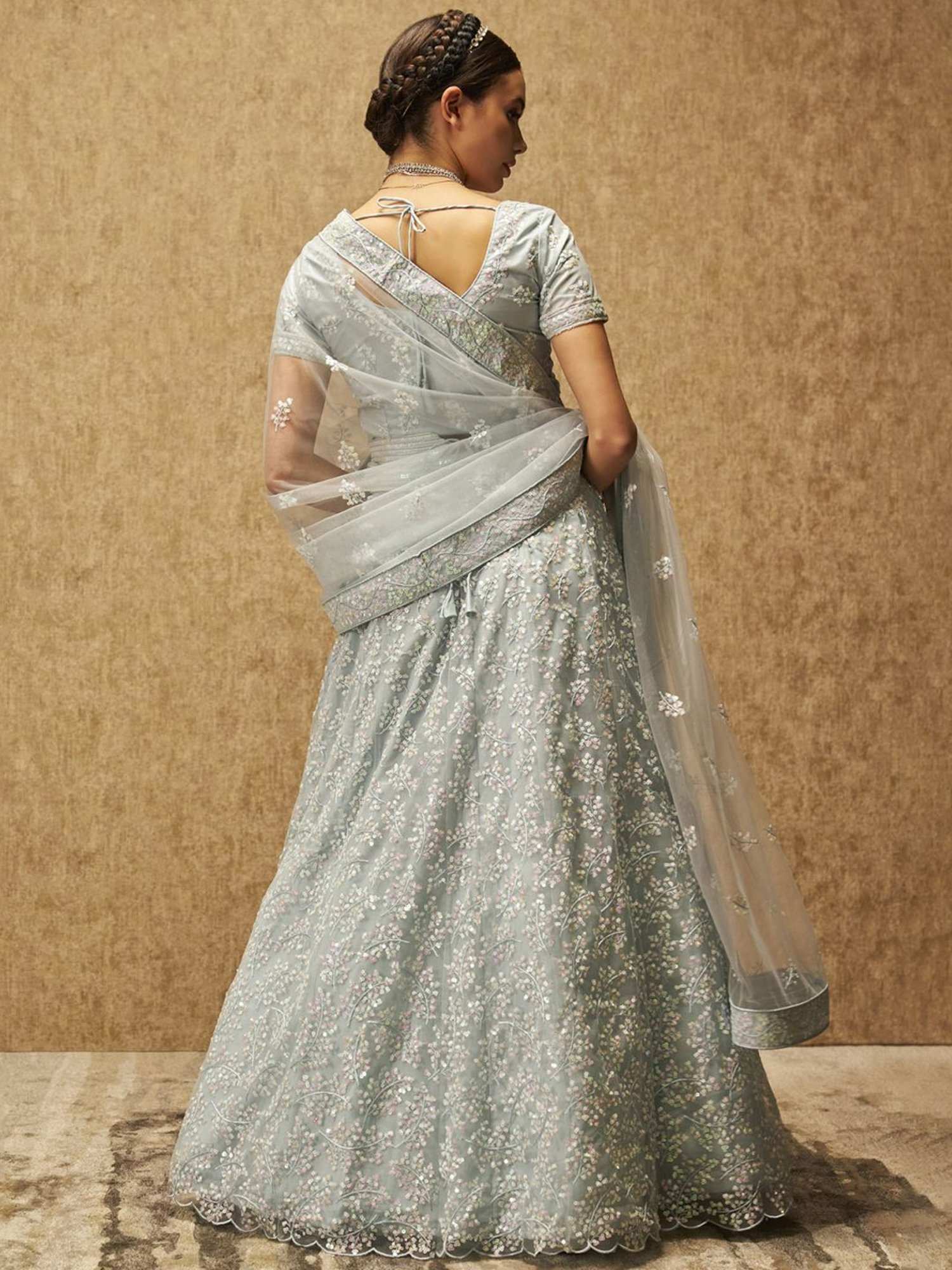 Soch Powder Blue Embellished Unstitched Lehenga Choli Set With Dupatta & Belt