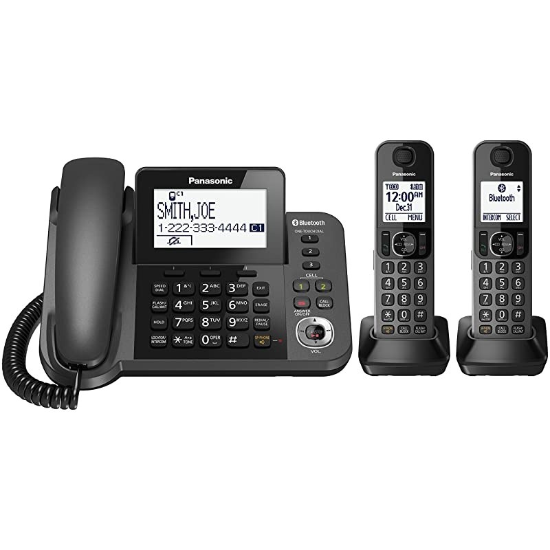 Bluetooth Corded / Cordless Phone System with Answering Machine, Enhanced Noise Reduction and One-Touch Call Block - 2 Handsets - KX-TGF382M (Metallic Black)