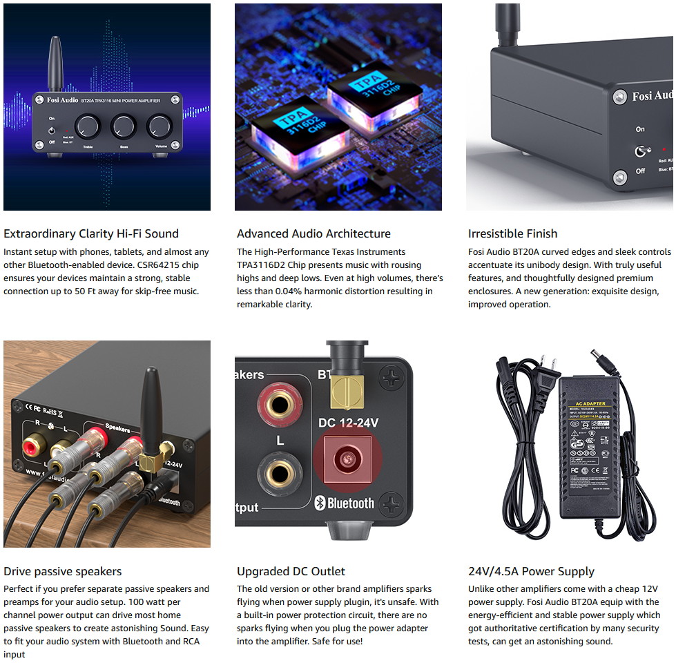 BT20A(Black) Bluetooth 5.0 Stereo Audio 2 Channel Amplifier Receiver Mini Hi-Fi Class D Integrated Amp 2.0CH for Home Speakers 100W x 2 with Bass and Treble Control TPA3116 (with Power Supply)