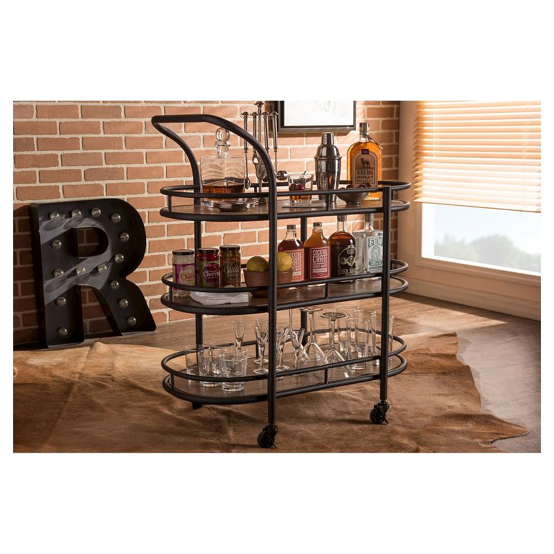 Karlin Rustic Industrial Style Antique Black Textured Finish Metal Distressed Wood Mobile Kitchen Bar Serving Wine Cart - Baxton Studio