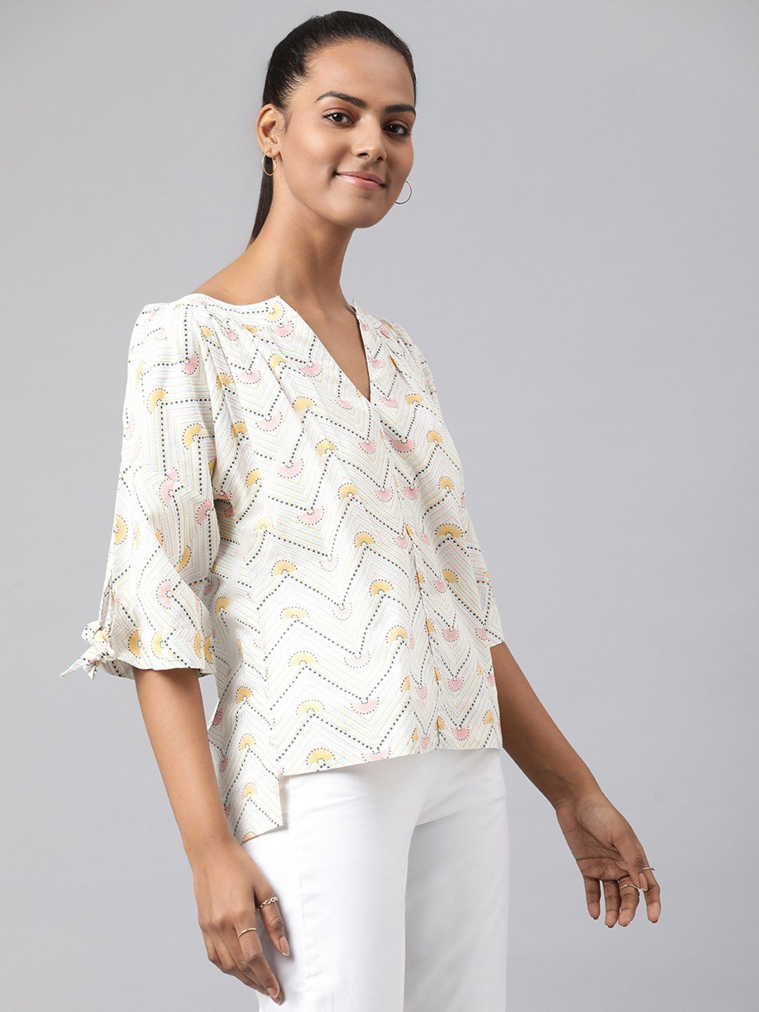 Fabindia White Cotton Printed Top