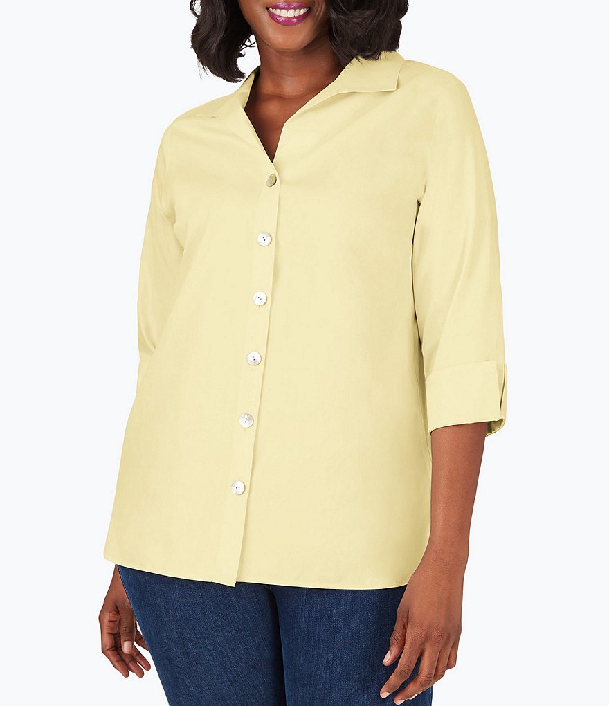 Foxcroft Plus Size Pandora 3/4 Sleeve Spread Point Collar Neck Button Front Shaped Tunic