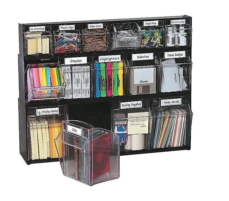 Deflecto Tilt Bin Plastic Storage System w/4 Bins 23 5/8 x 6 5/8 x 8 1/8 Black 20404OP