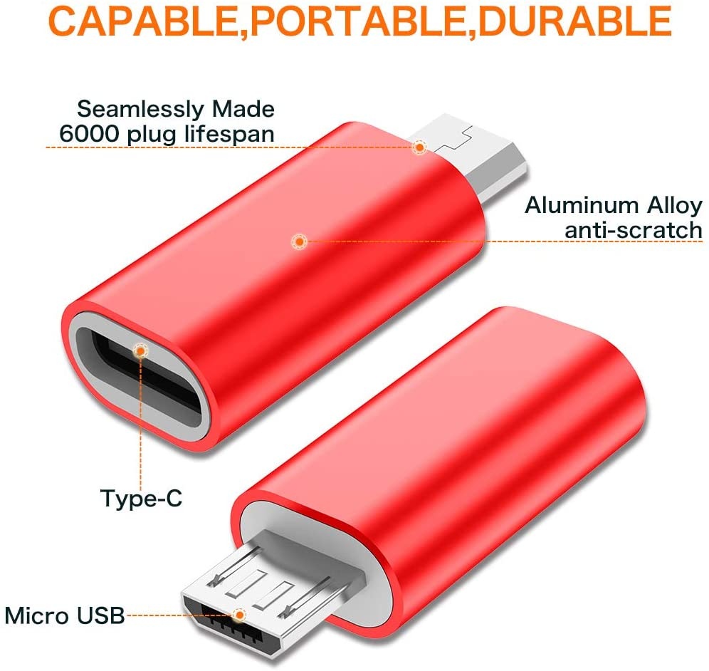 USB C to Micro USB Adapter (4-Pack) Type C Female to Micro USB Male Convert Connector Support Charge & Data Sync Compatible with Samsung Galaxy S7/S7 Edge Nexus 5/6 and Micro USB Devices (Red)