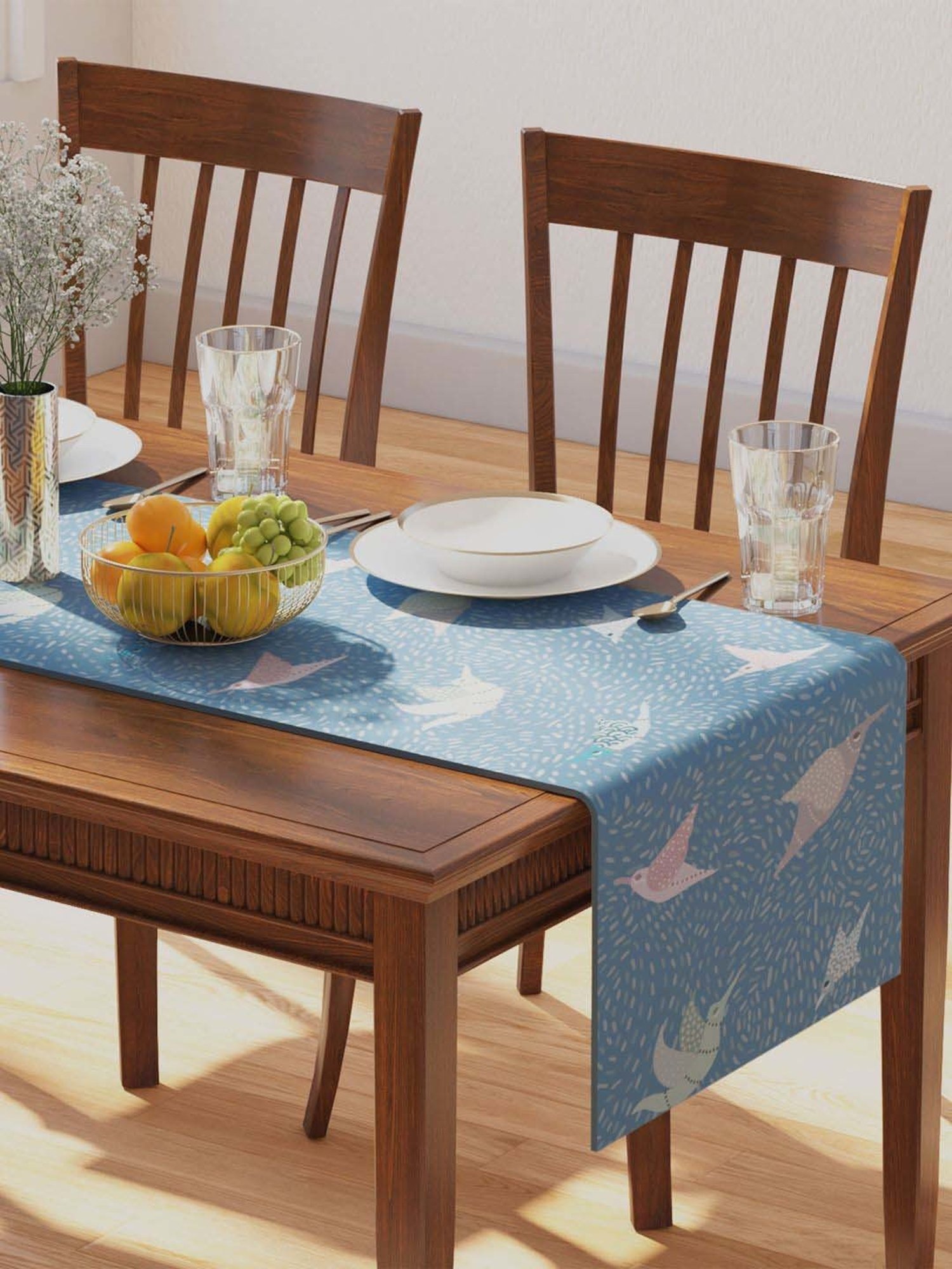 Petal Home Gondi Bird Blue Cotton 300 GSM Table Runner