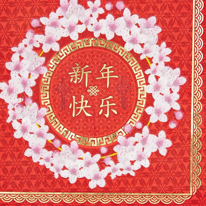 Sparkle and Bash 50 Pack Floral Red & Gold Foil Chinese Lunar New Year Disposable Cocktail Paper Party Napkins