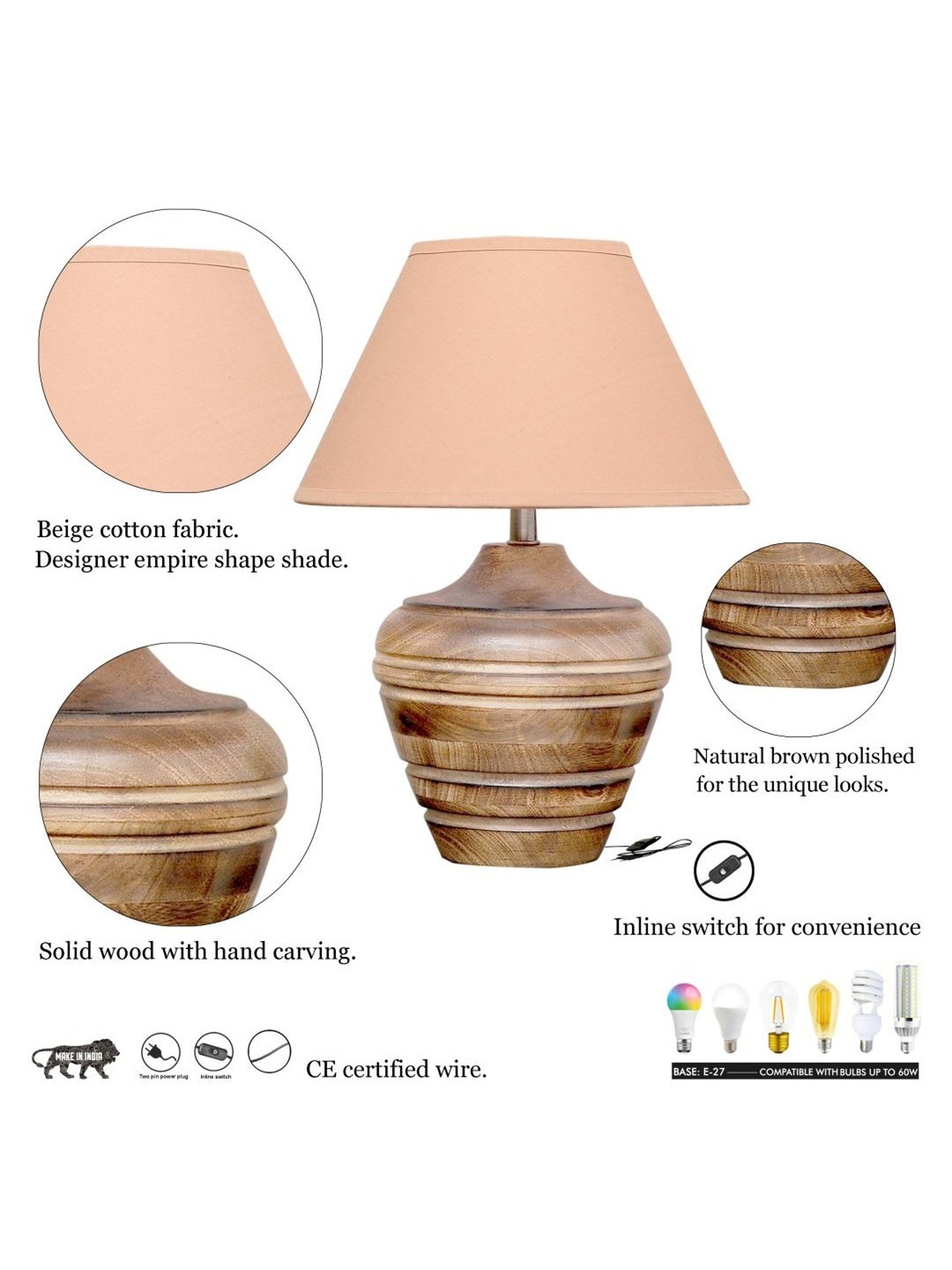Kapoor Lamp Shades Brown & Pink Wood Knepp Mini Carved Table Lamp