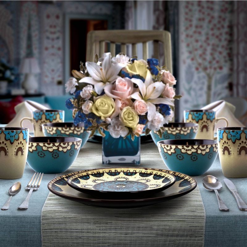 16pc Stoneware Earth and Water Dinnerware Set Blue/Taupe - Elama