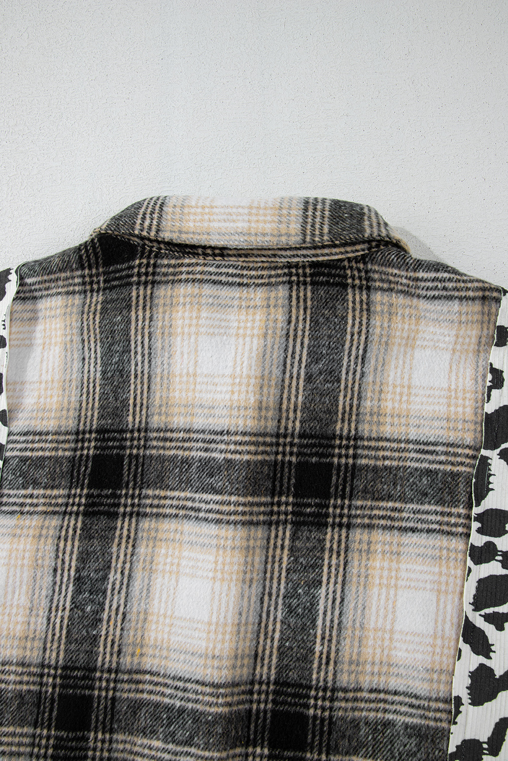 Black Plus Size Plaid Leopard Patchwork Raw Hem Shacket