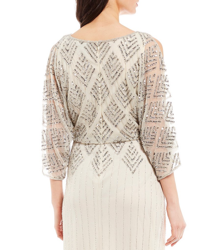 Pisarro Nights Diamond Beaded Blouson Slit Sleeve Detail Gown