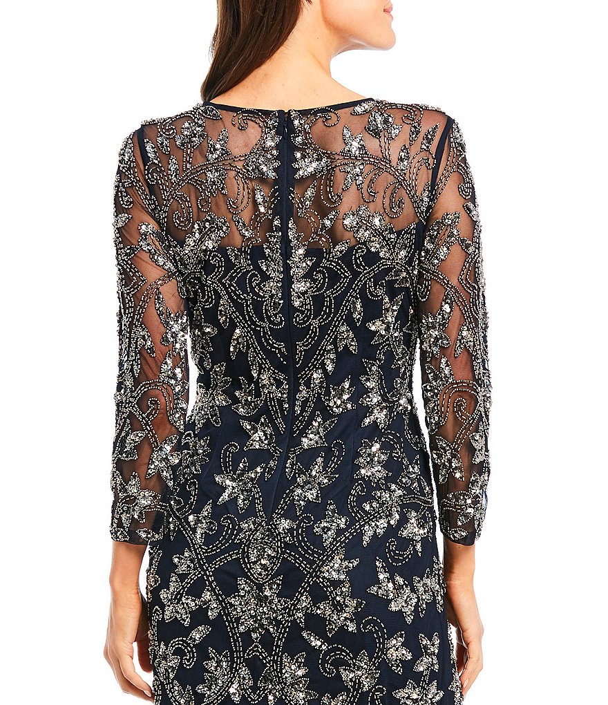 Adrianna Papell Beaded Illusion 3/4 Sleeve Gown