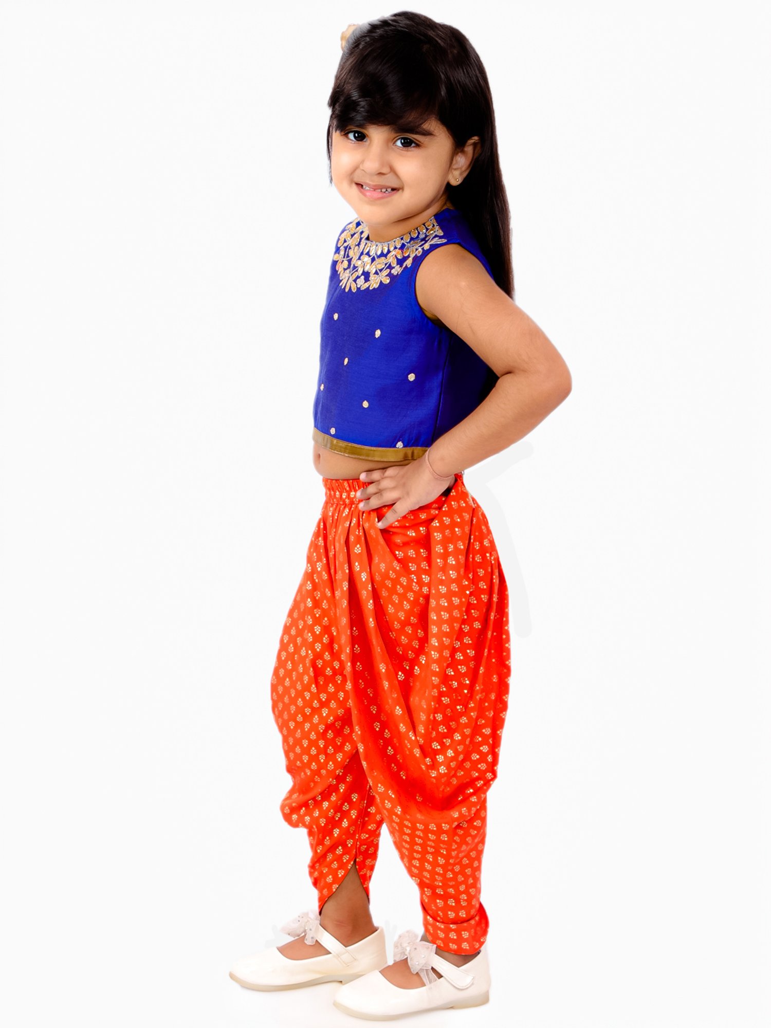TWISHA Kids Royal Blue & Orange Embellished Top with Dhoti