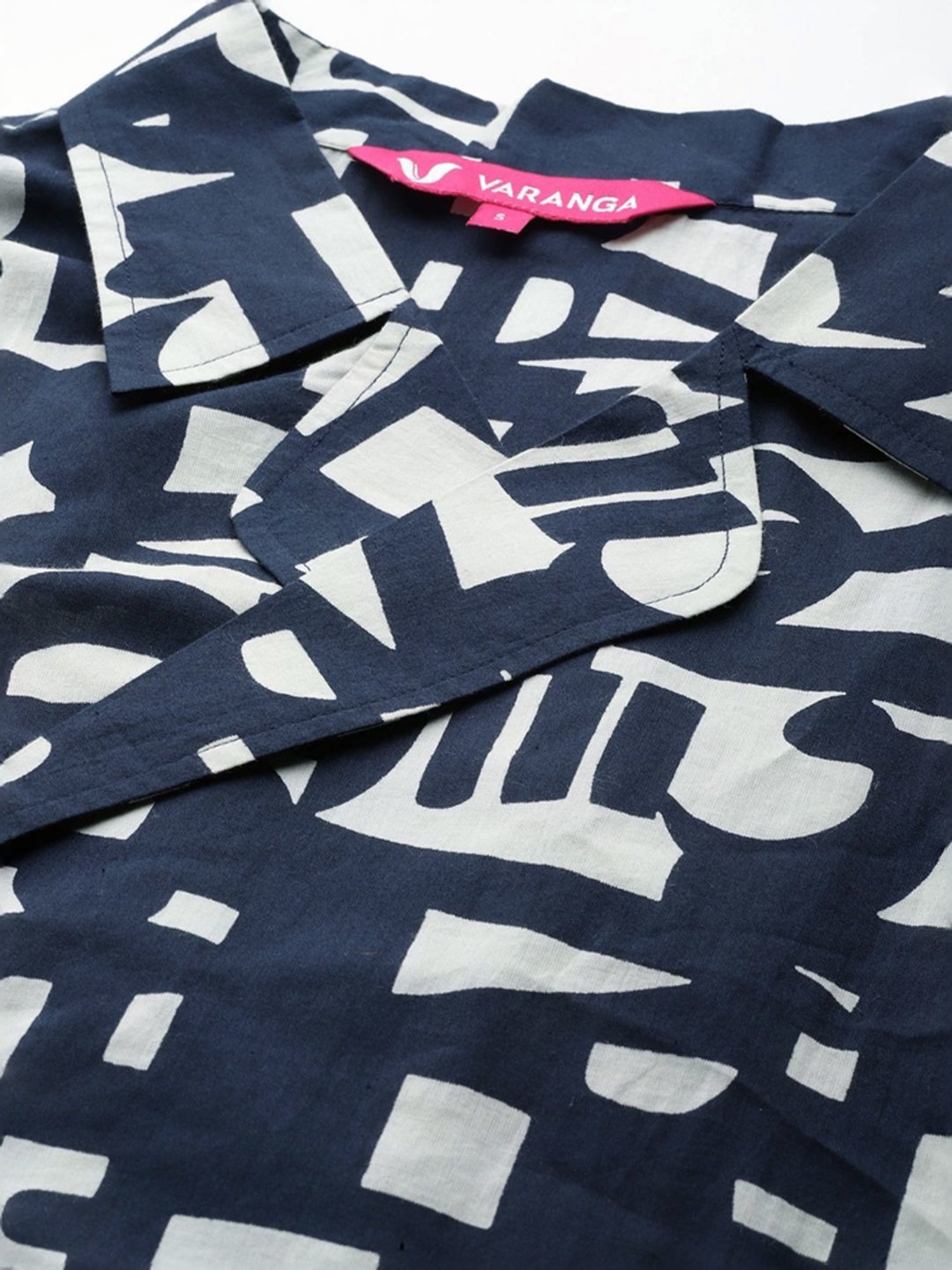 Varanga Navy Cotton Printed Crop Top Palazzo Set With Jacket