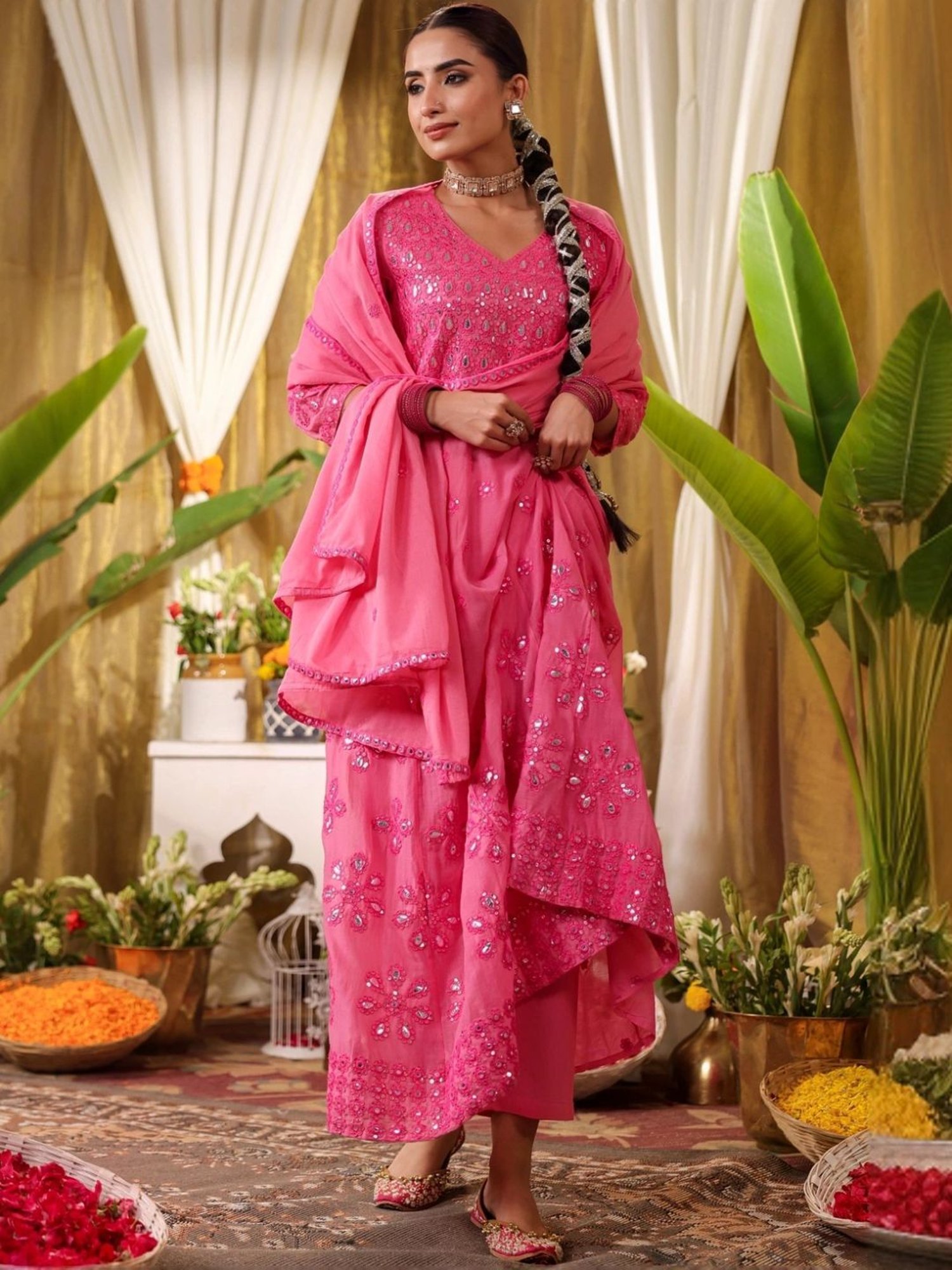 SCAKHI Coral Mulmul Mirror & Sequin Embroidered Anarkali and Pant With Dupatta