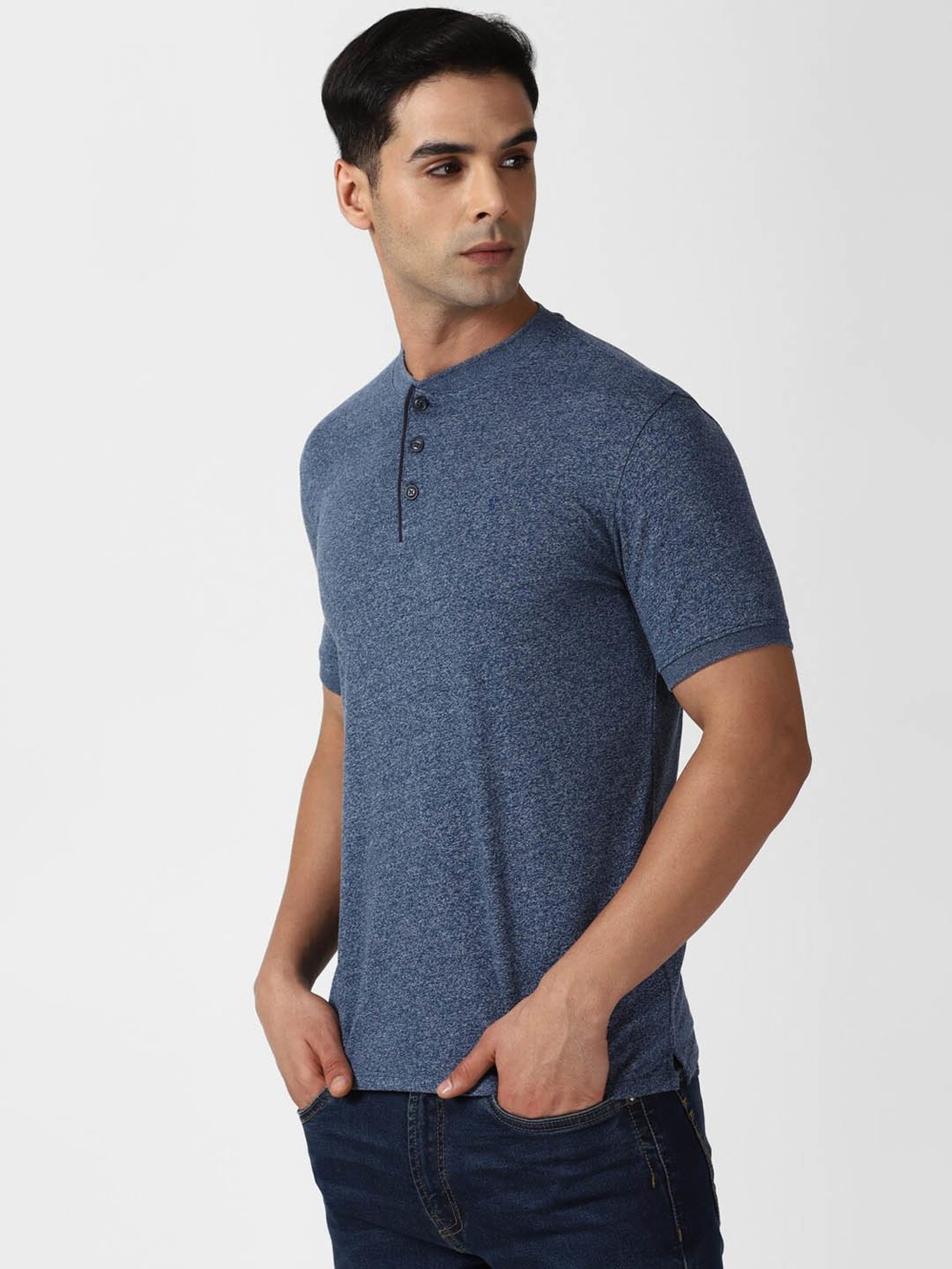 V Dot Blue Slim Fit Texture Henley T-Shirt