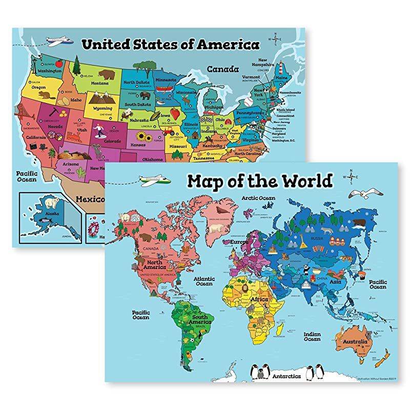 USA Wall Map amp Kids World Map for Kids Wall Laminated Maps for Kids 2 Classroom Posters Perfect for Map Art 18x24 Laminated 2 Wall Maps Included