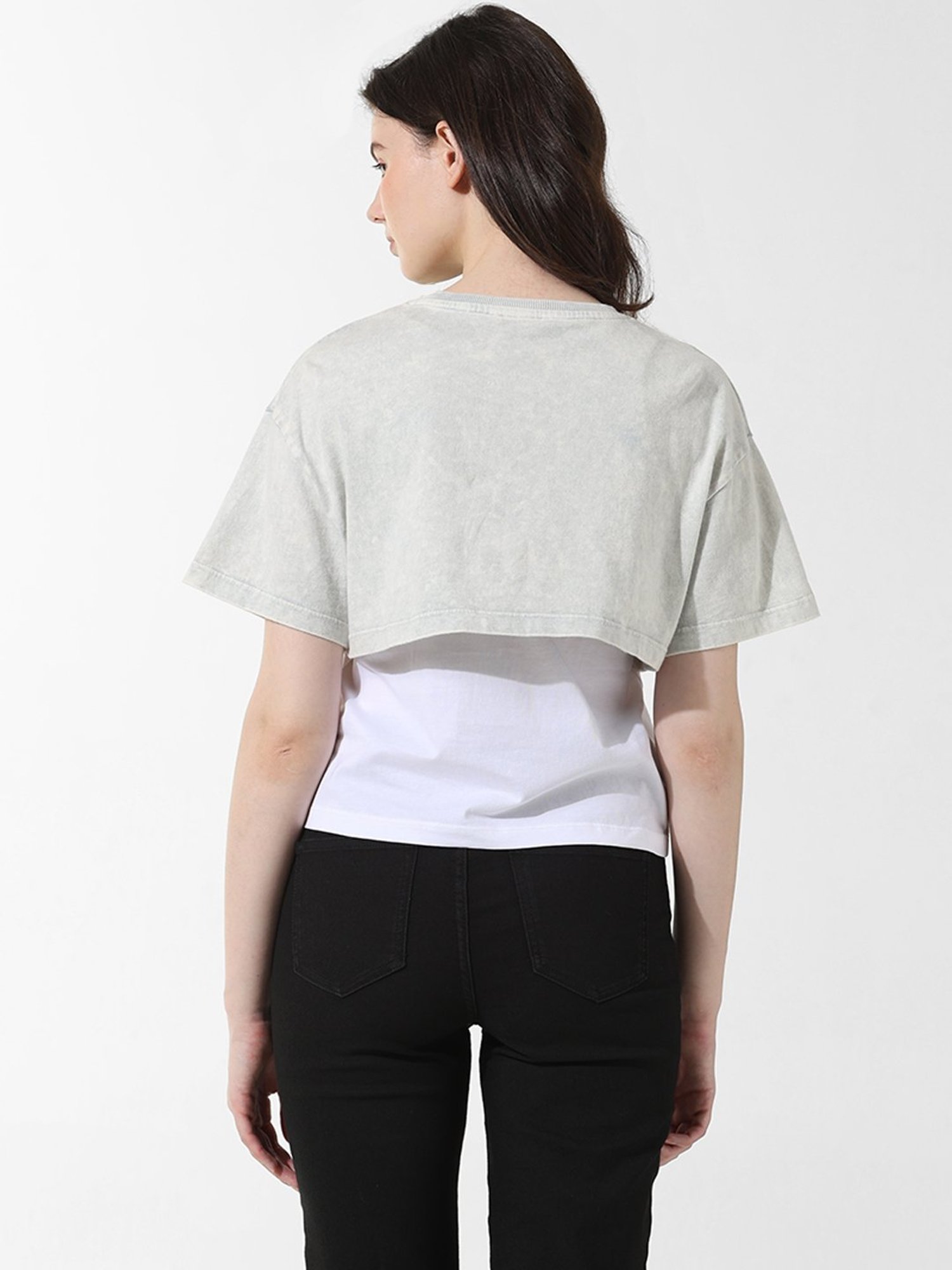 Only Grey & White Cotton Graphic Print T-Shirt