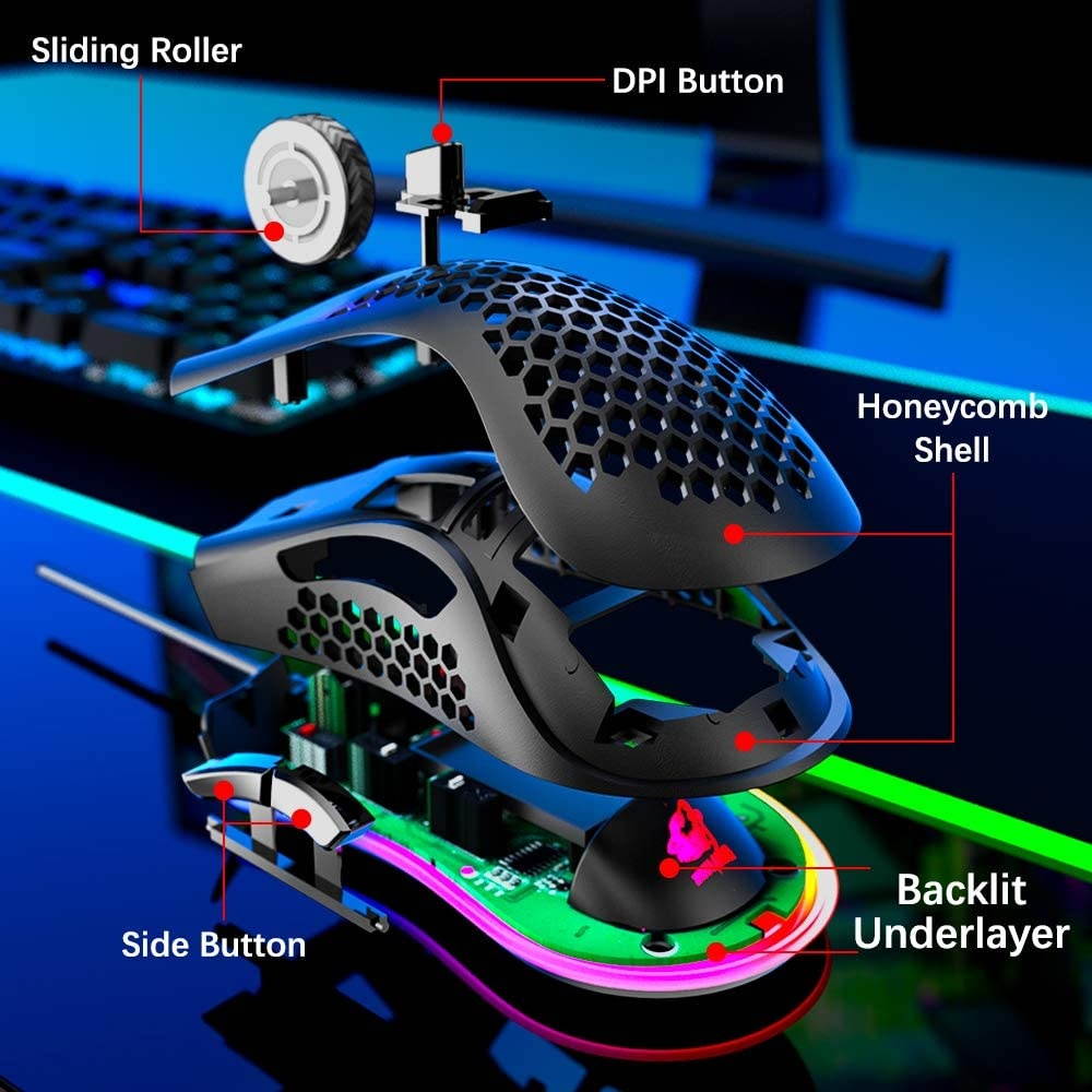 Wired Lightweight Gaming MouseUltralight Honeycomb Shell Ultraweave Cable7 Buttons Programmable DriverPixart 3325 12000 DPI10 RGB Backlit Computer Mouse for PC GamersXboxPS4 Users(Yellow)