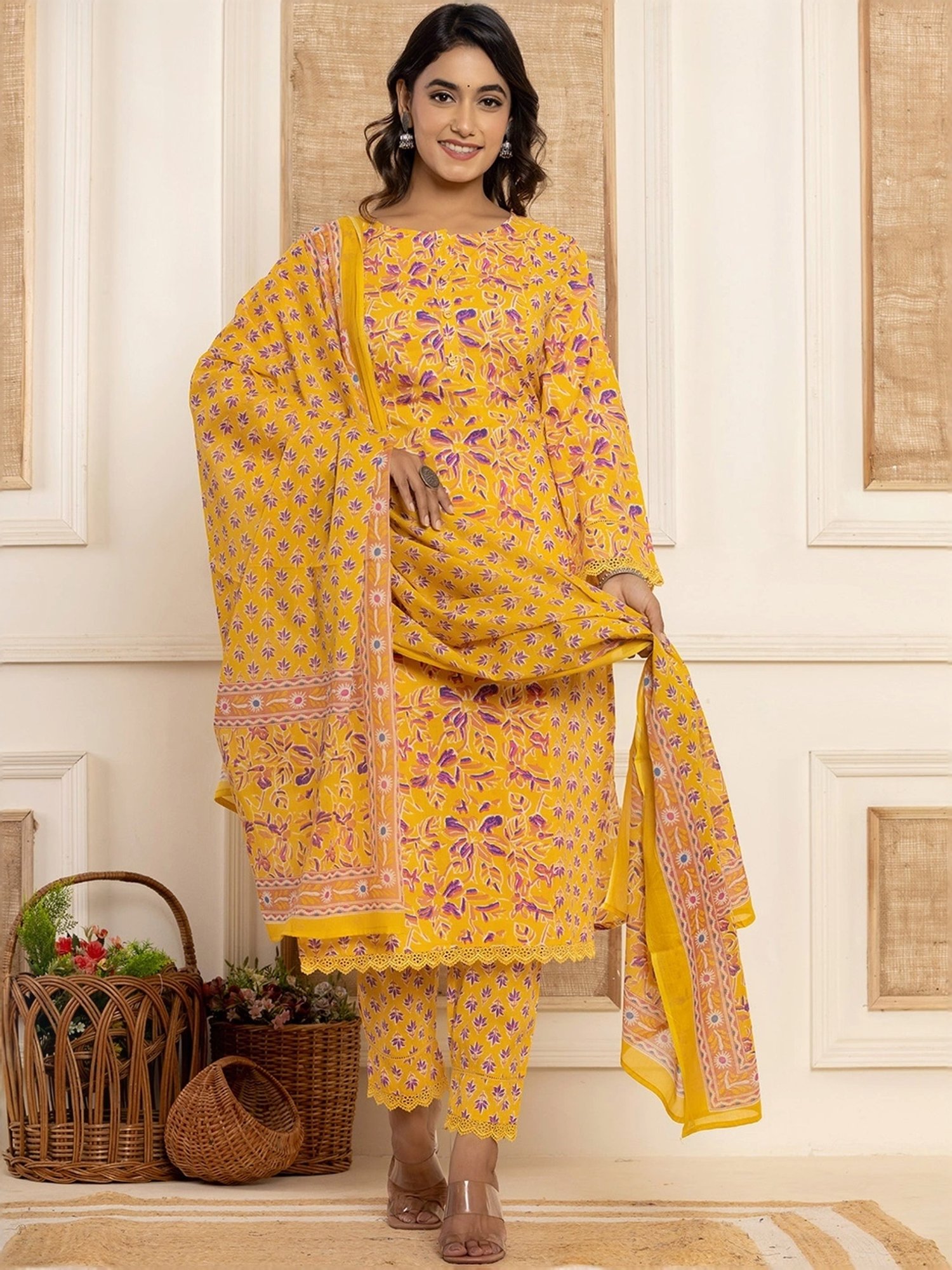 Yufta Yellow Cotton Printed Kurta Pant Set With Dupatta