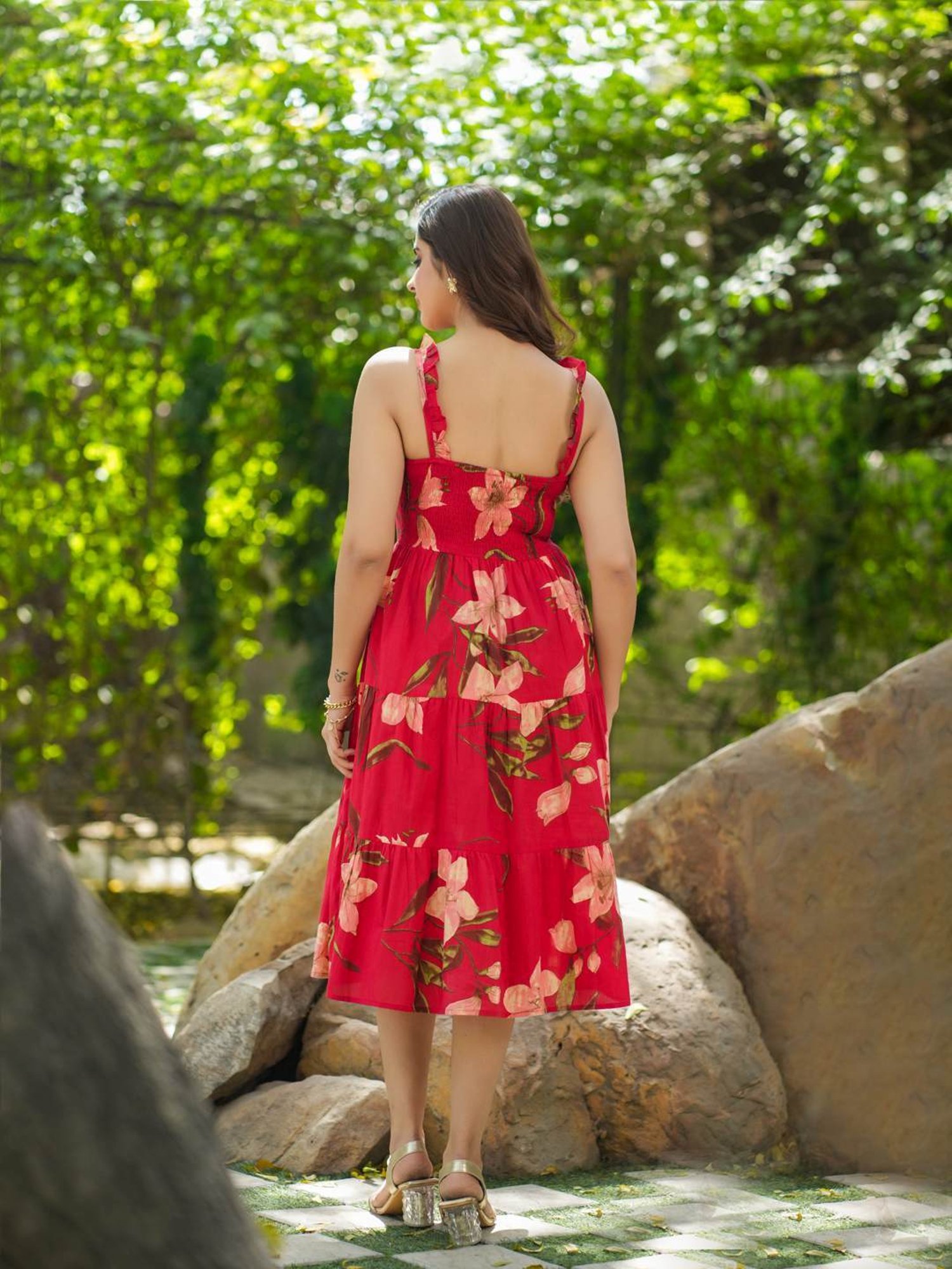 Rain and Rainbow Red Cotton Floral Print A-Line Dress