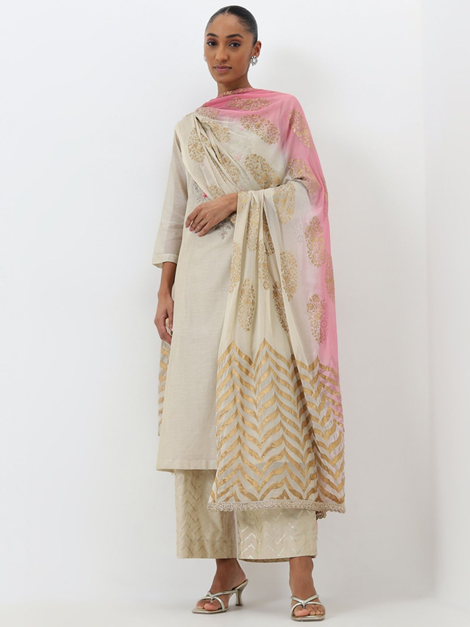 Vark by Westside Beige Embroidered Kurta, Palazzos and Dupatta Set