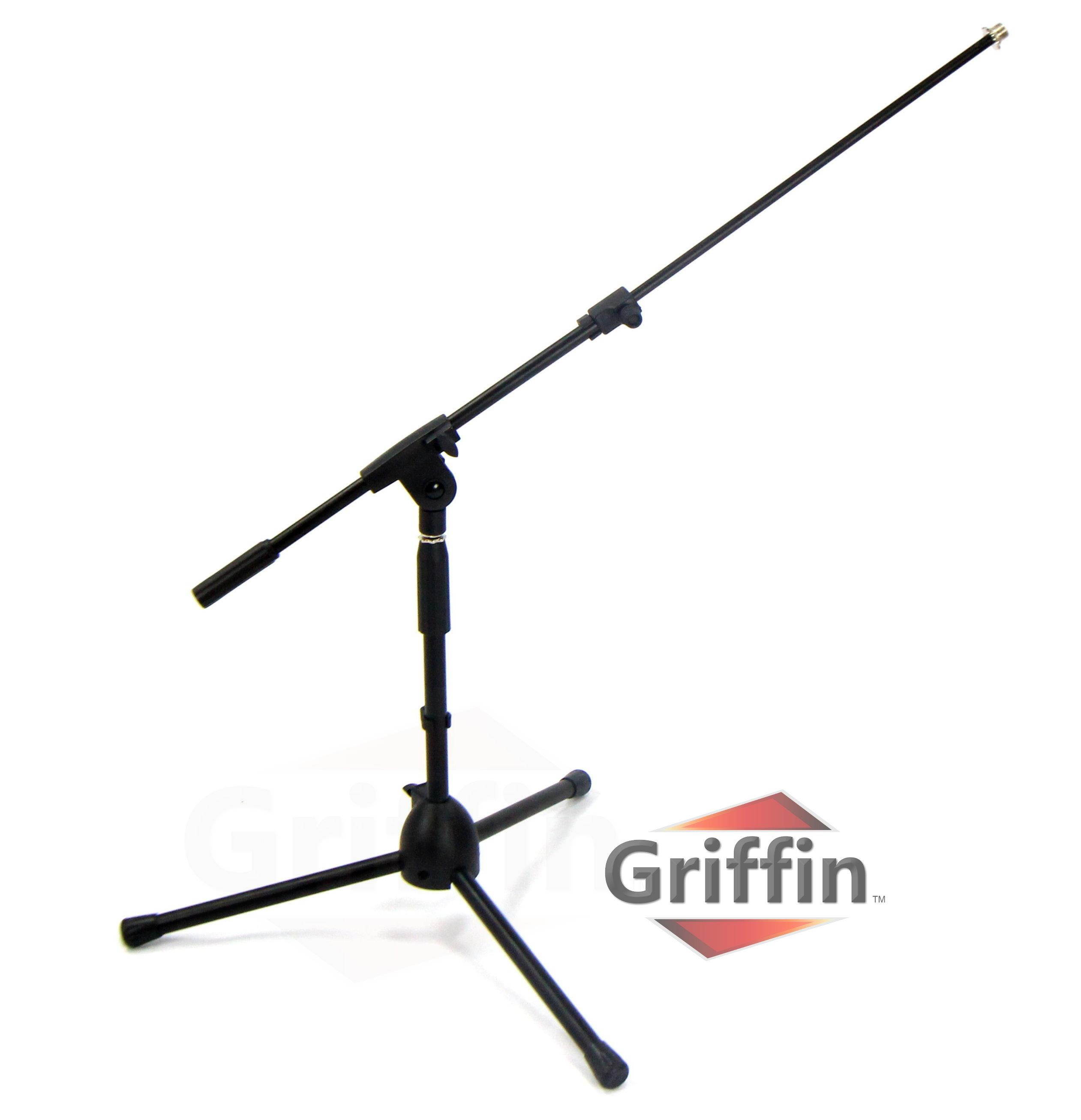 Short Microphone Stand with Boom Arm by GRIFFIN | Low Profile Tripod Mic Stand Mount for Kick Bass Drum, Studio Desktop Recording, Singing, & Guitar Amplifiers | Small Height Telescoping Boom Holder