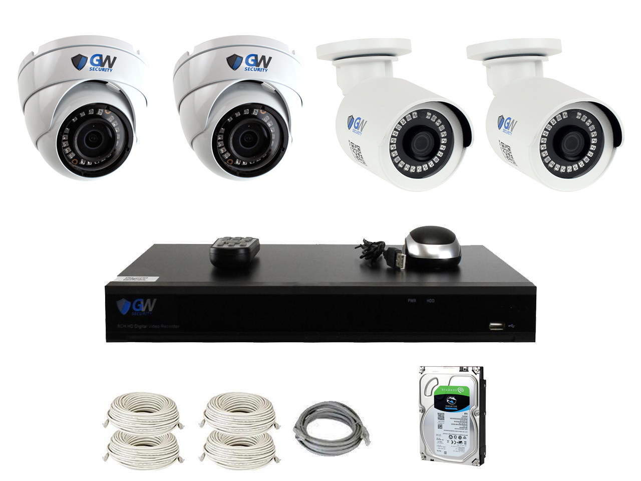 GW 8 Channel 4K NVR H.265 HEVC 5 Megapixel PoE IP Camera System, 6 x 1920P HD IP66 Rated Weather Proof, 3.6mm Wide Angle Camera, Night Vision Compact Size, Free App Access