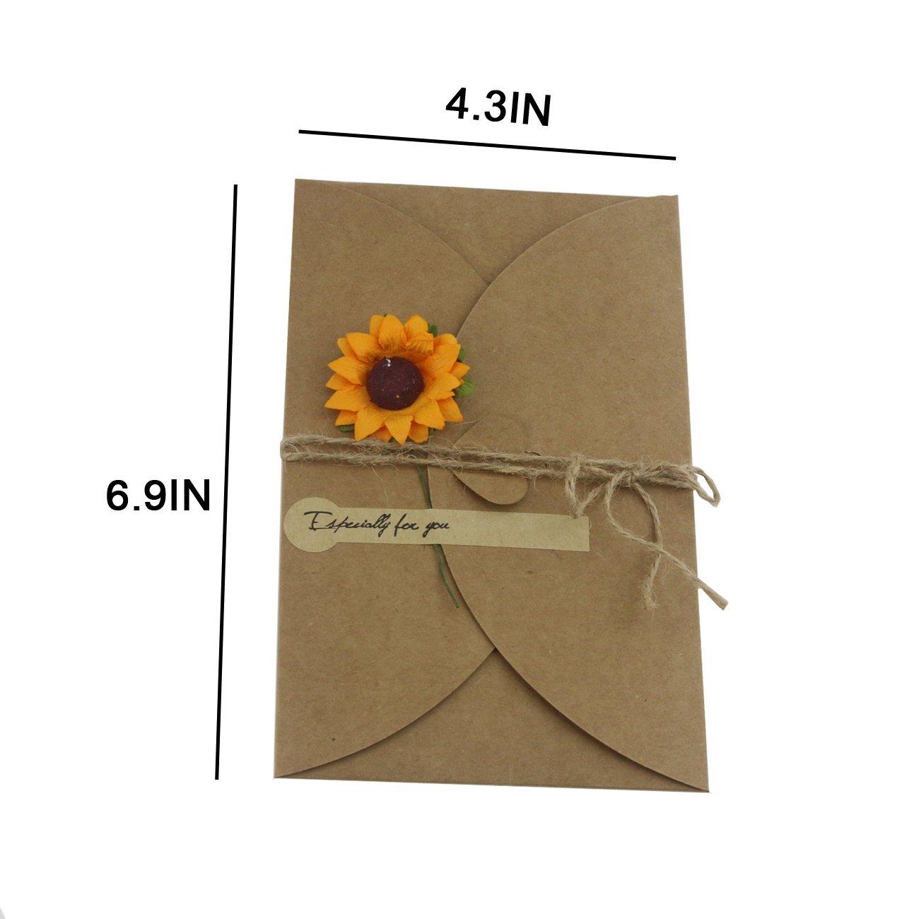 Ogrmar Brown Kraft Paper Thank You Cards Thank U Greeting Card with Kraft Paper Envelopes for Wedding, Graduation 6.9"x4.3" Pack of 20 (Sunflower)