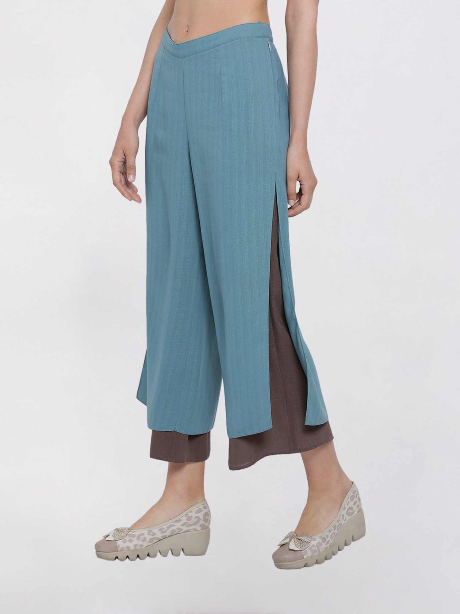 Office & You Teal Blue And Beige Double Layer Palazzo