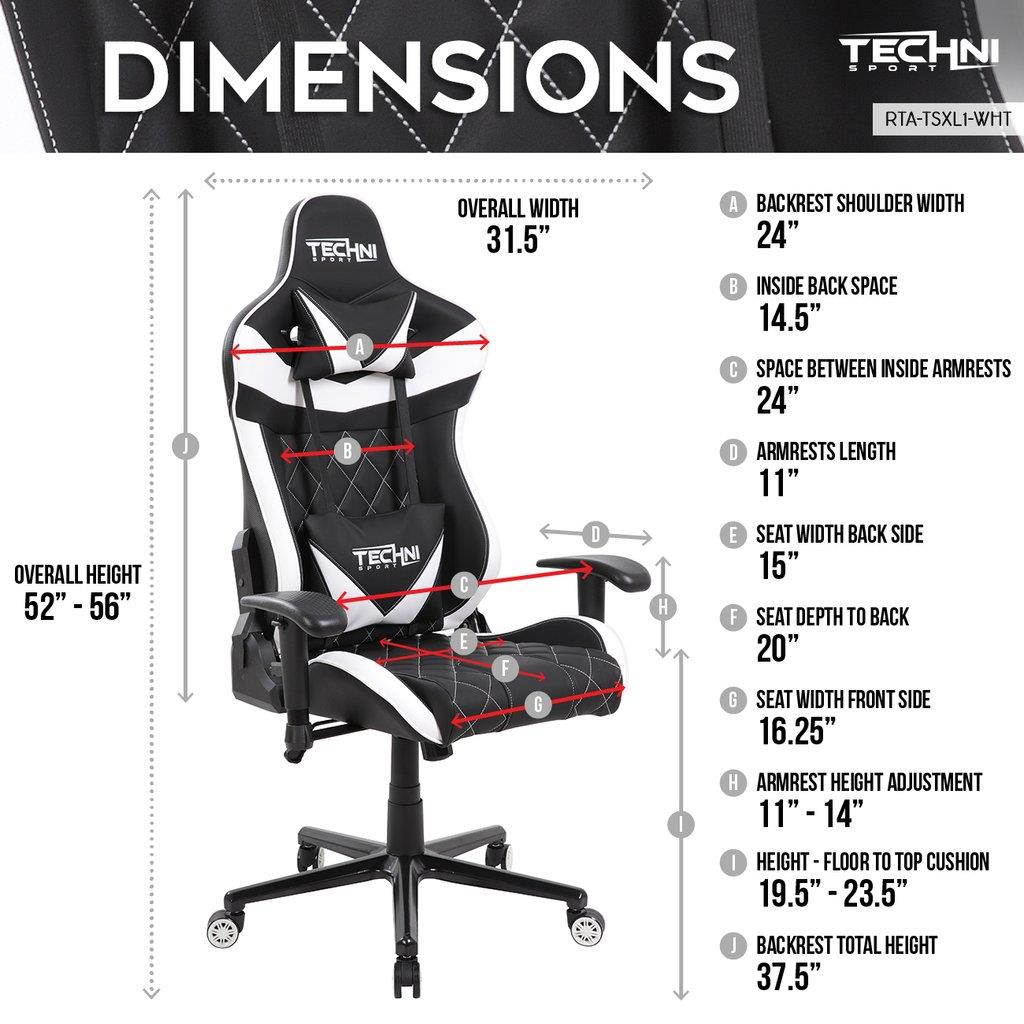 Gaming Chair - Techni Sport TS-XL1 - BLACK w/ WHITE Accents - Extra-Large Chair w/ Ergonomic High Back Racer Style PC / Console Video Gaming / Study