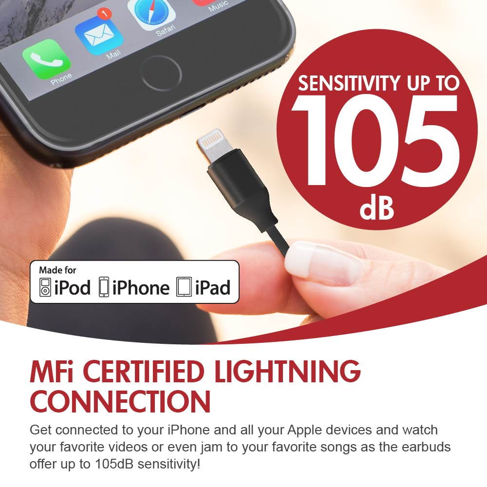 VIOTEK Aqua Lightning Port Stereo Earbuds: Powerful 105dB; Dynamic & Digital Sound; iPhone / iPad / iPod Compatible