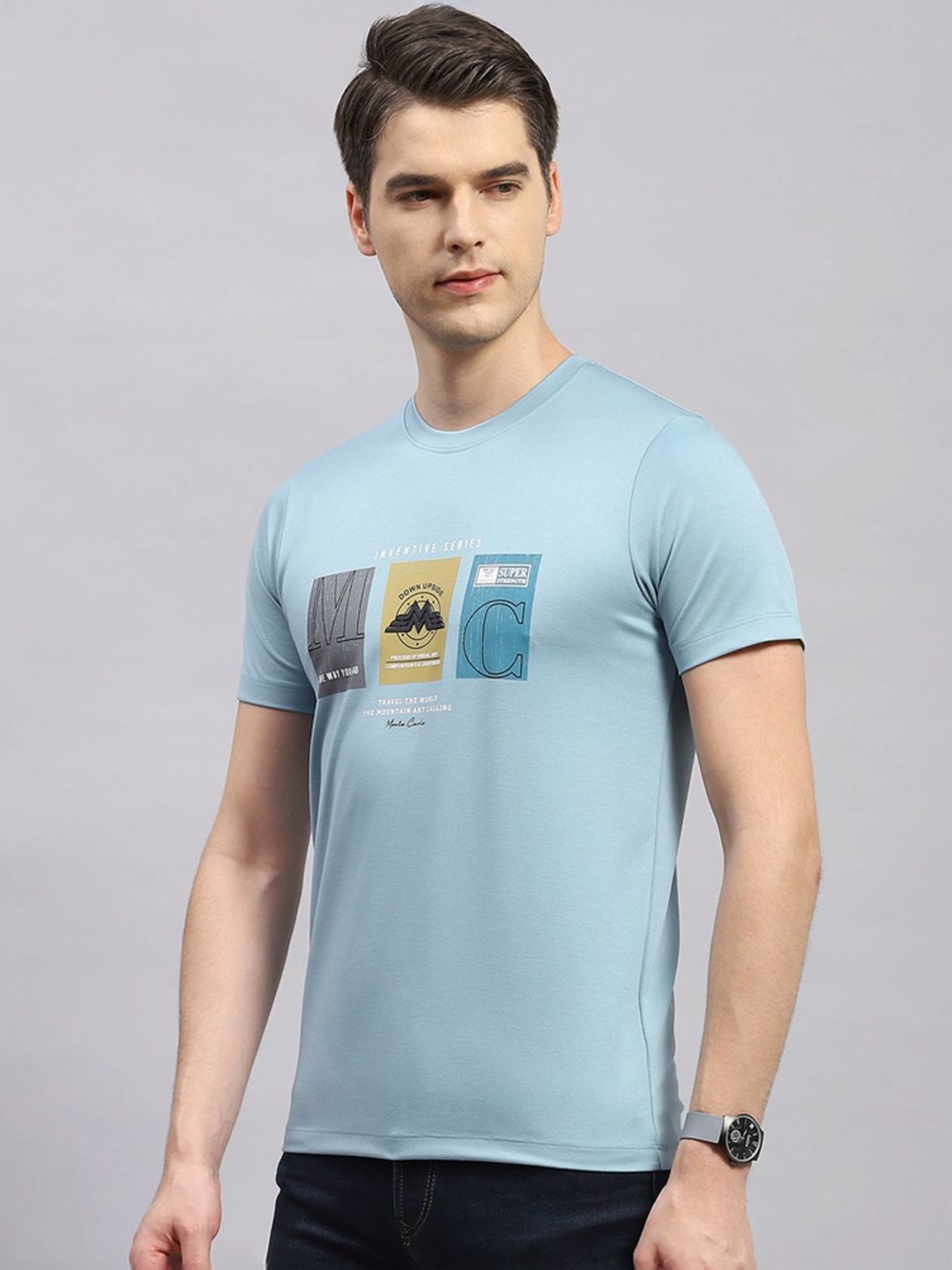 Monte Carlo Sky Blue Regular Fit Printed T-Shirt
