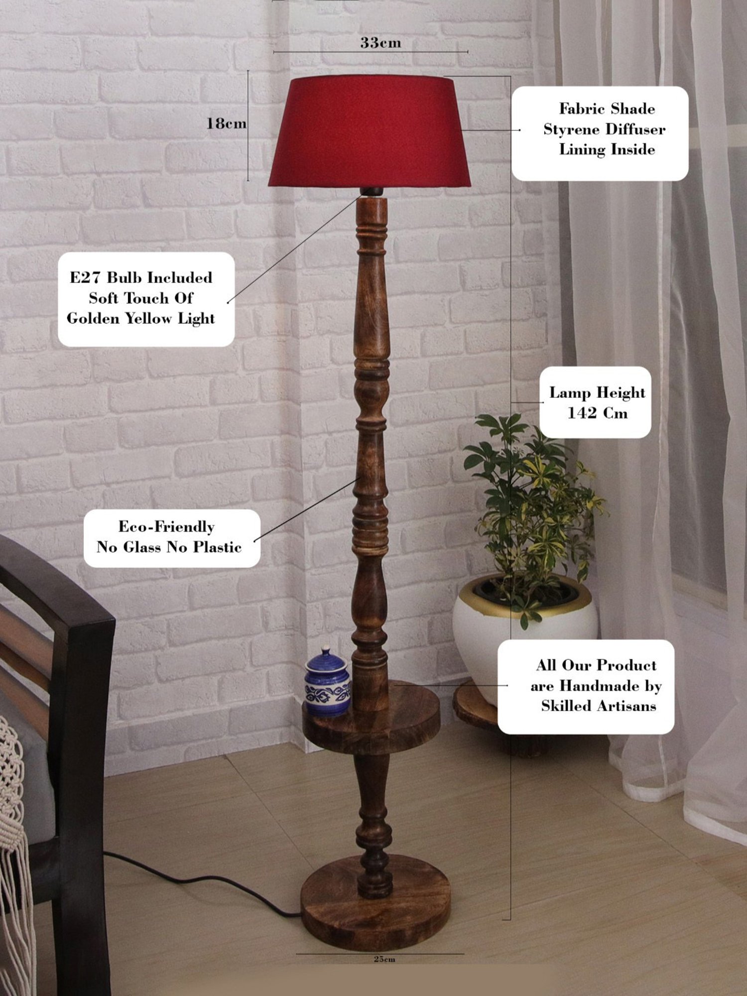 Homesake Classic Round Red & Brown Walnut Wooden Floor Lamp with Shade - Set of 1