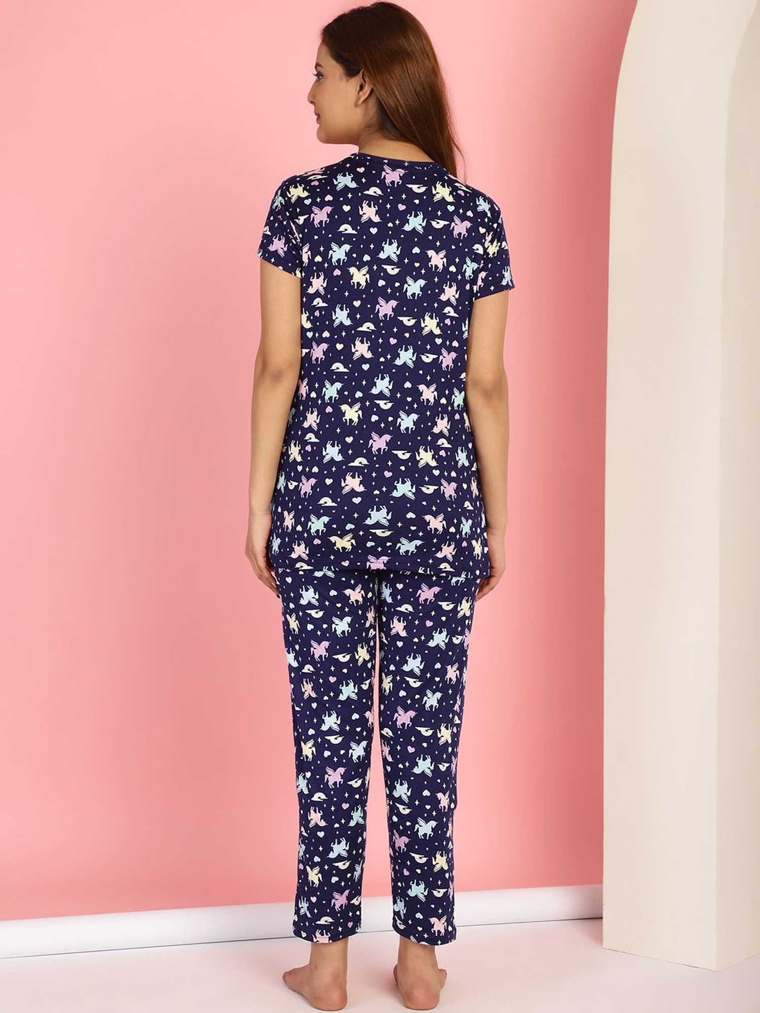 Gracit Dark Blue Cotton Printed Top With Pyjamas