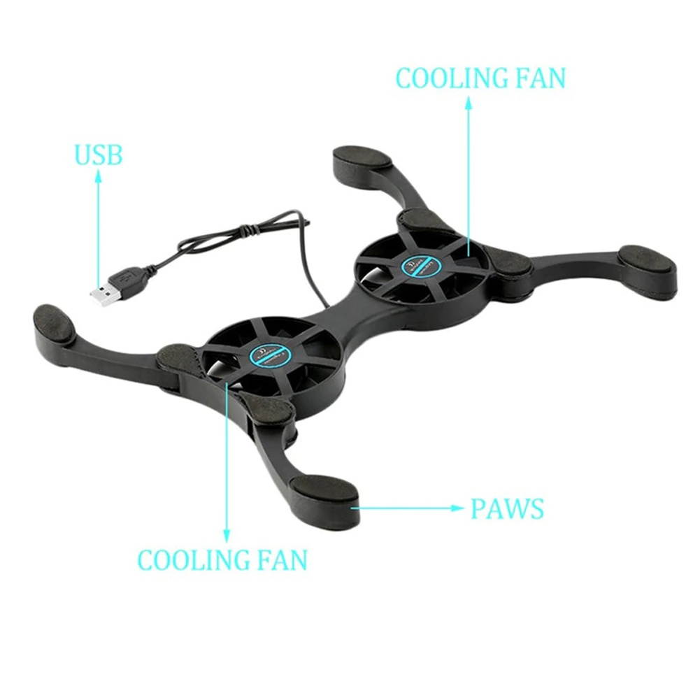 Black Laptop Desk Support Dual Cooling Fan Notebook Computer Stand Foldable USB Rack Holder