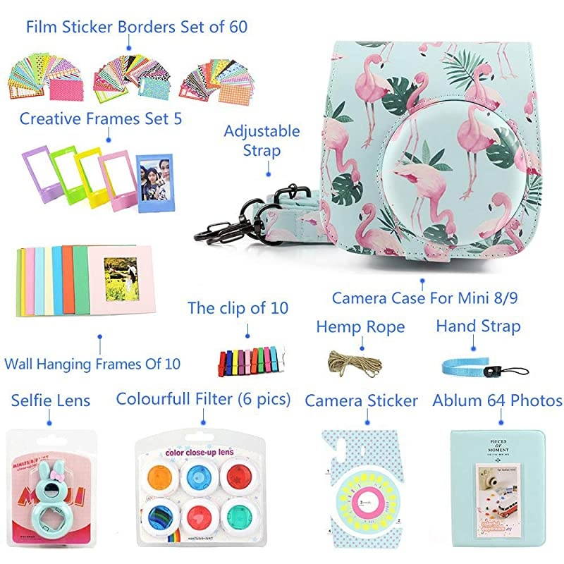 Accessories kit for Fujifilm Instax Mini 9 8 Instant Kids Camera with Blue Flamingo Custom Case + Accessories Bundle, Color Filters, Photo Album, Assorted Frames, Selfie Lens + More