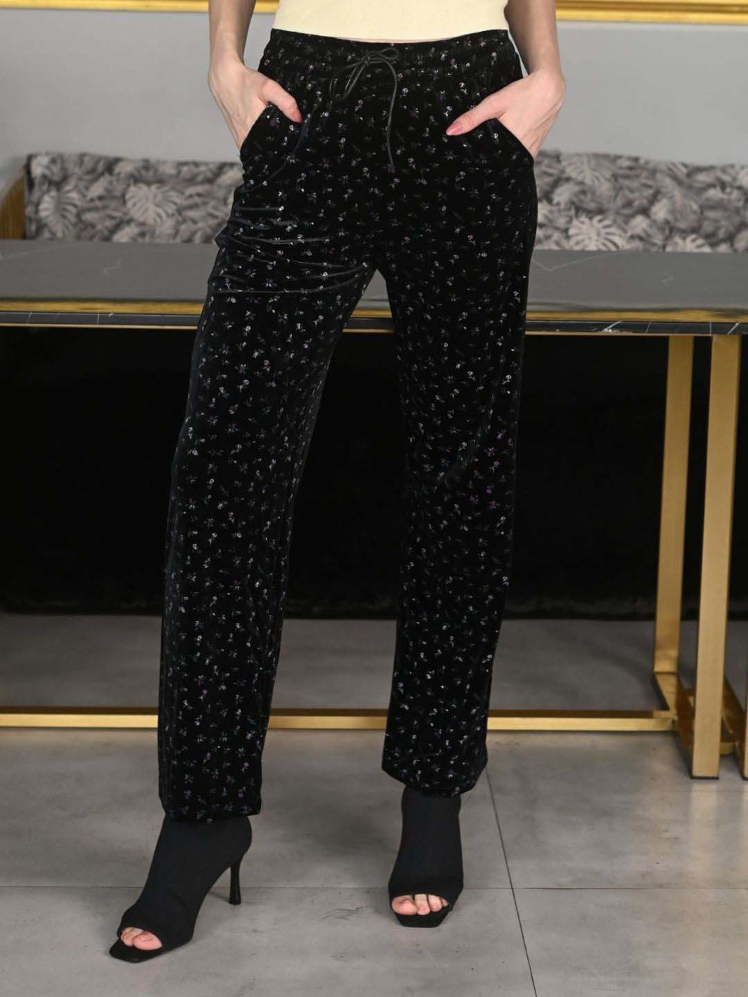 Odette Black Printed Flared Pants