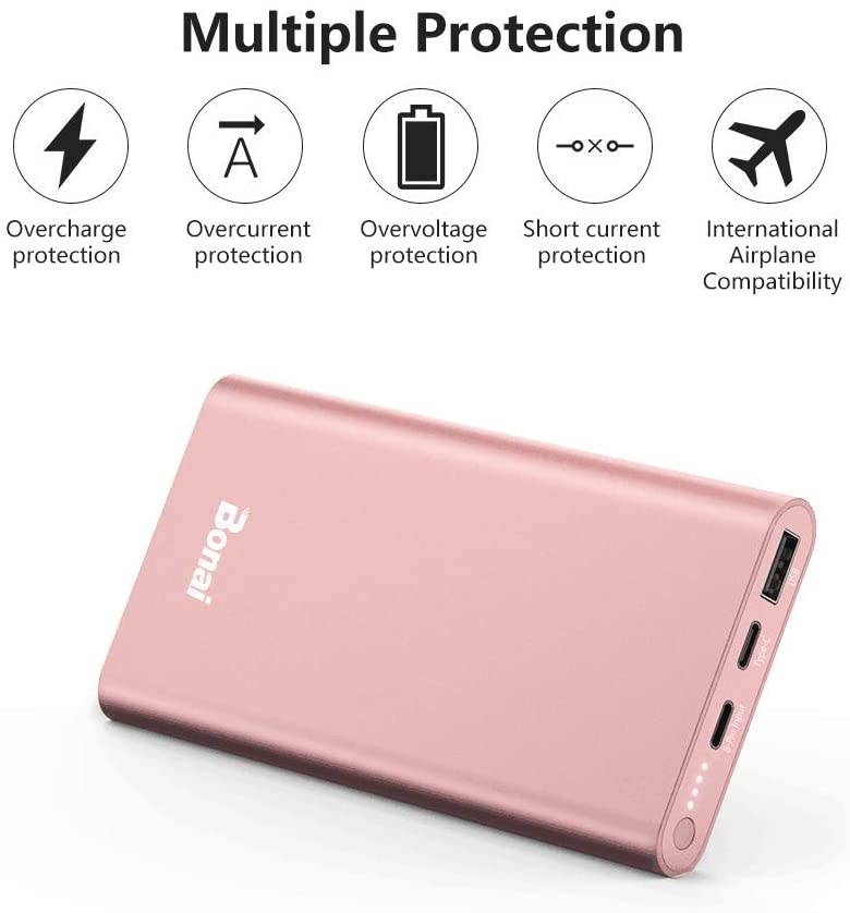 BONAI Portable Charger (Aluminum)(Powerful) 12000mAh Power Bank USB C High-Speed 3.0A Input/Output External Battery Pack Compatible with iPhone iPad Samsung Android-Blush Gold