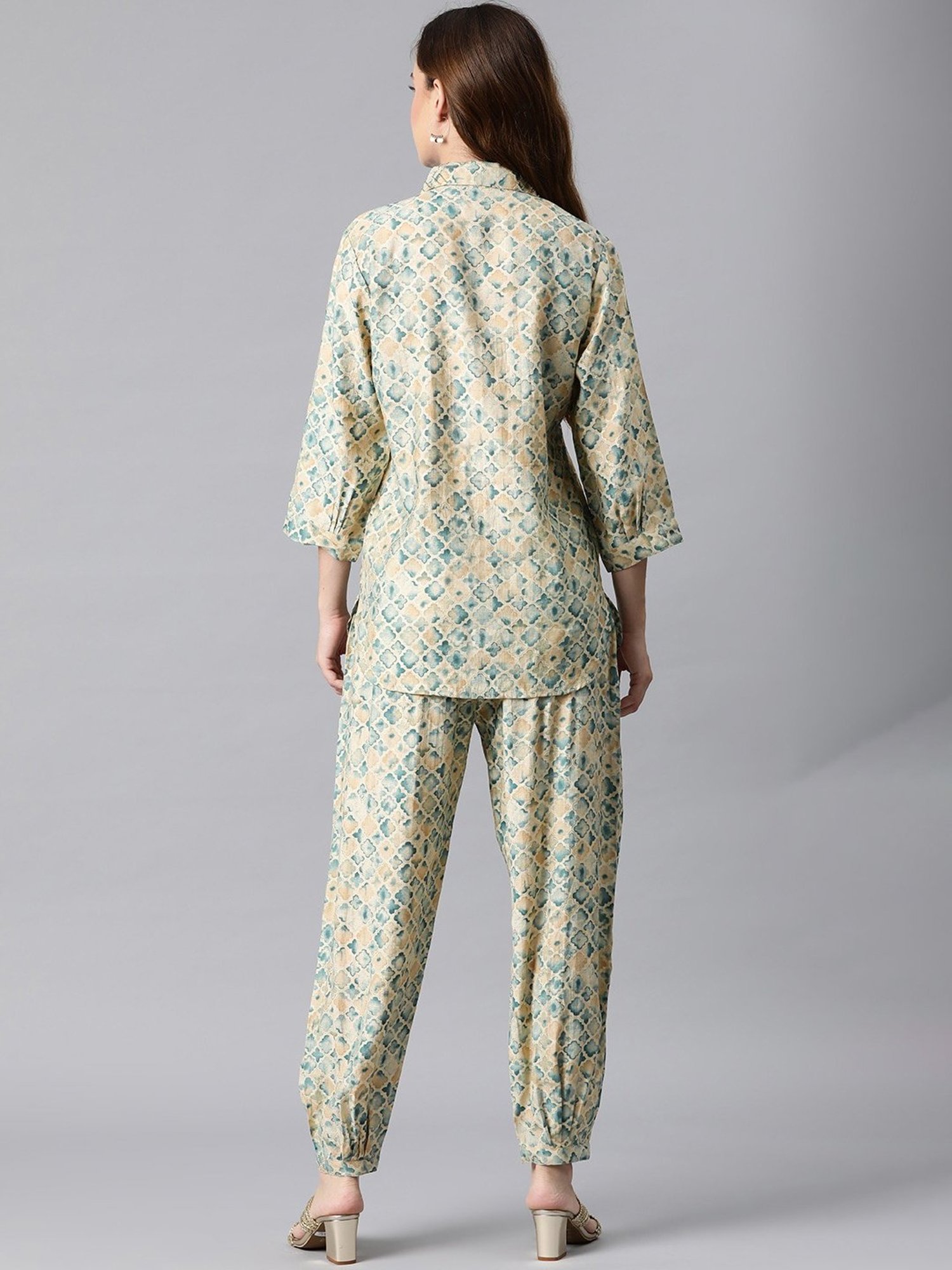 READIPRINT FASHIONS Beige & Blue Printed Shirt Salwaar Set