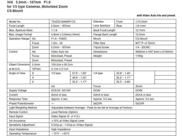 Computar Ganz High Quality CCTV Camera Lens T34Z5518AMSP 1/3" 5.5-187mm f1.8 34X Motorized Zoom, Video Auto Iris w/spot & preset (CS Mount)