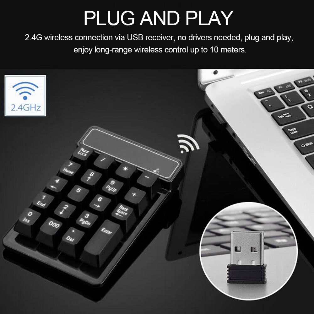2.4Ghz Wireless Numeric Keypad Mechanical Feel Number Pad Keyboard 19 Keys w/ USB Receiver Water-proof for Laptop Desktop PC Notebook Black