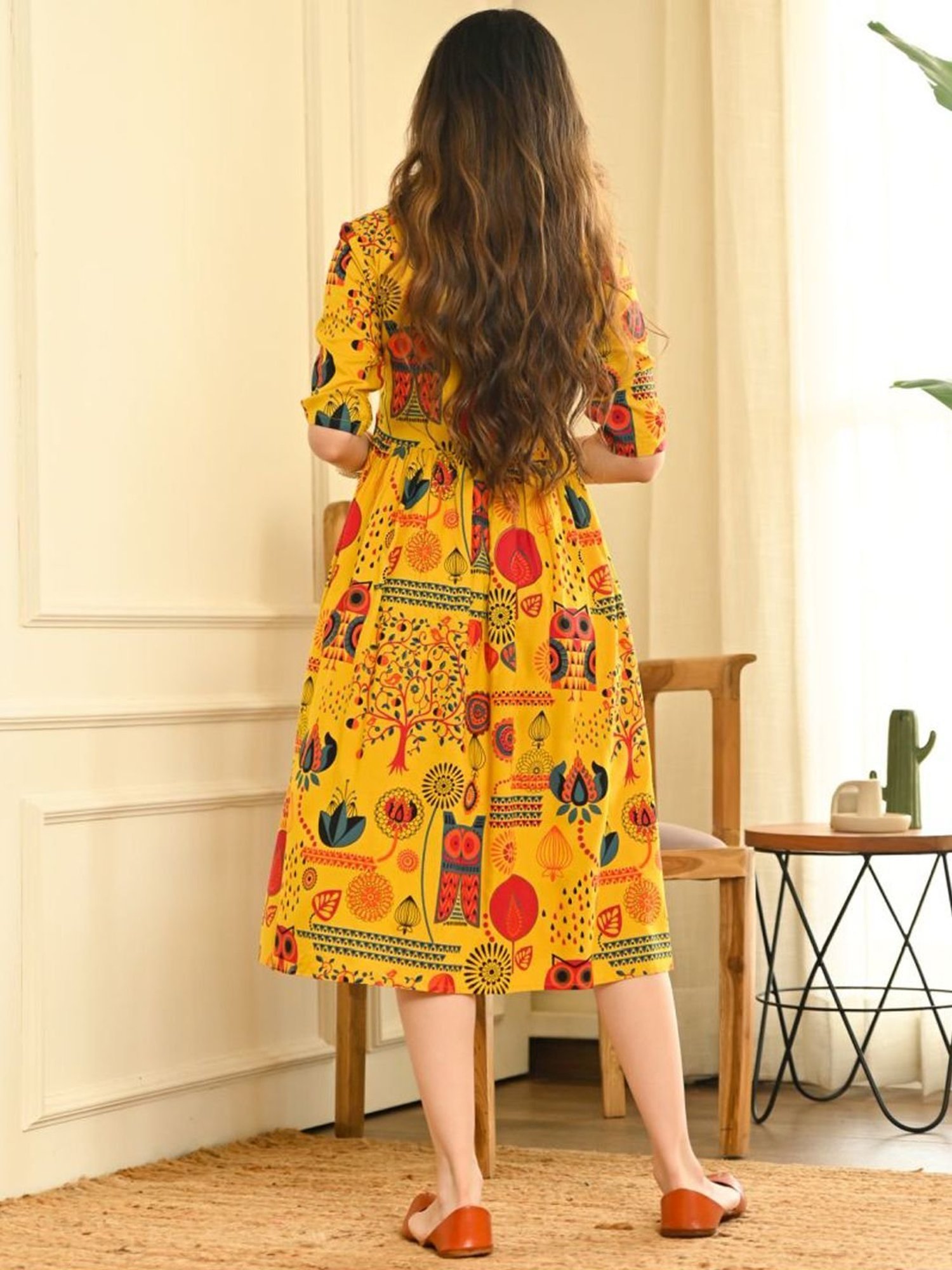 Rustorange Yellow Printed A-Line Dress