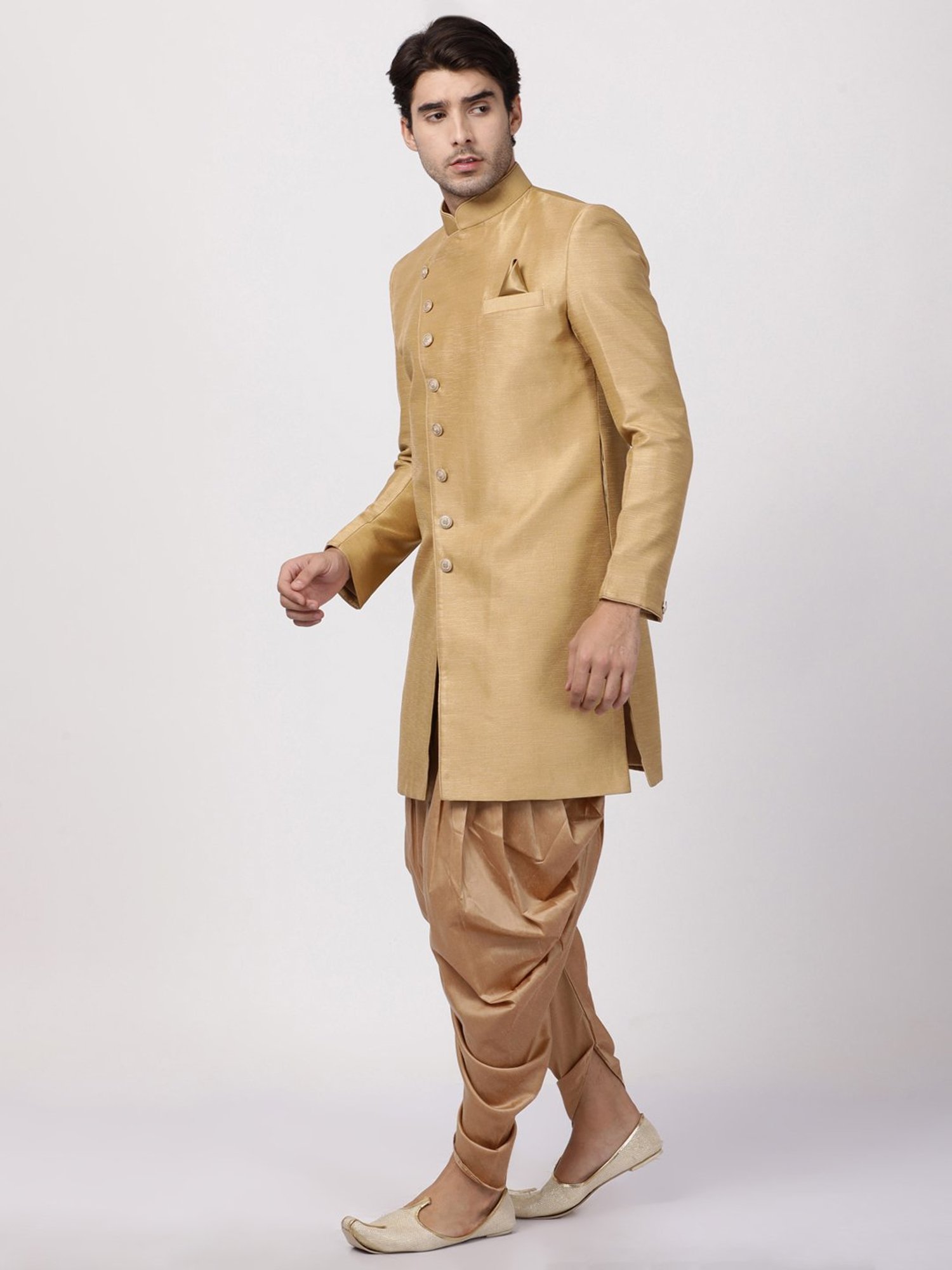 VASTRAMAY Beige Straight Fit Striped Sherwani Set